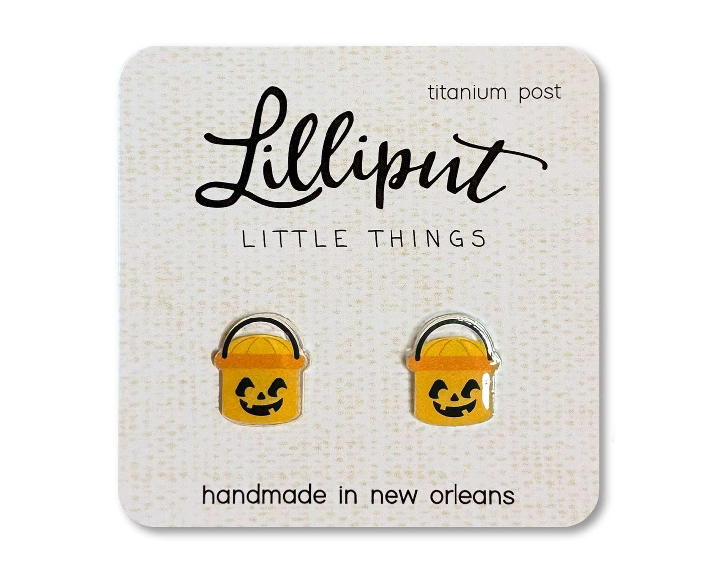 Retro Treat Bucket Earrings - Pumpkin Halloween design with titanium hypoallergenic posts, handmade in New Orleans.