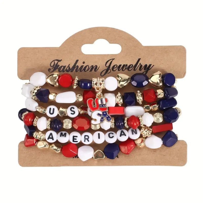 Set American Flag Theme Bracelet Independence Day Beaded Stretch Bracelet