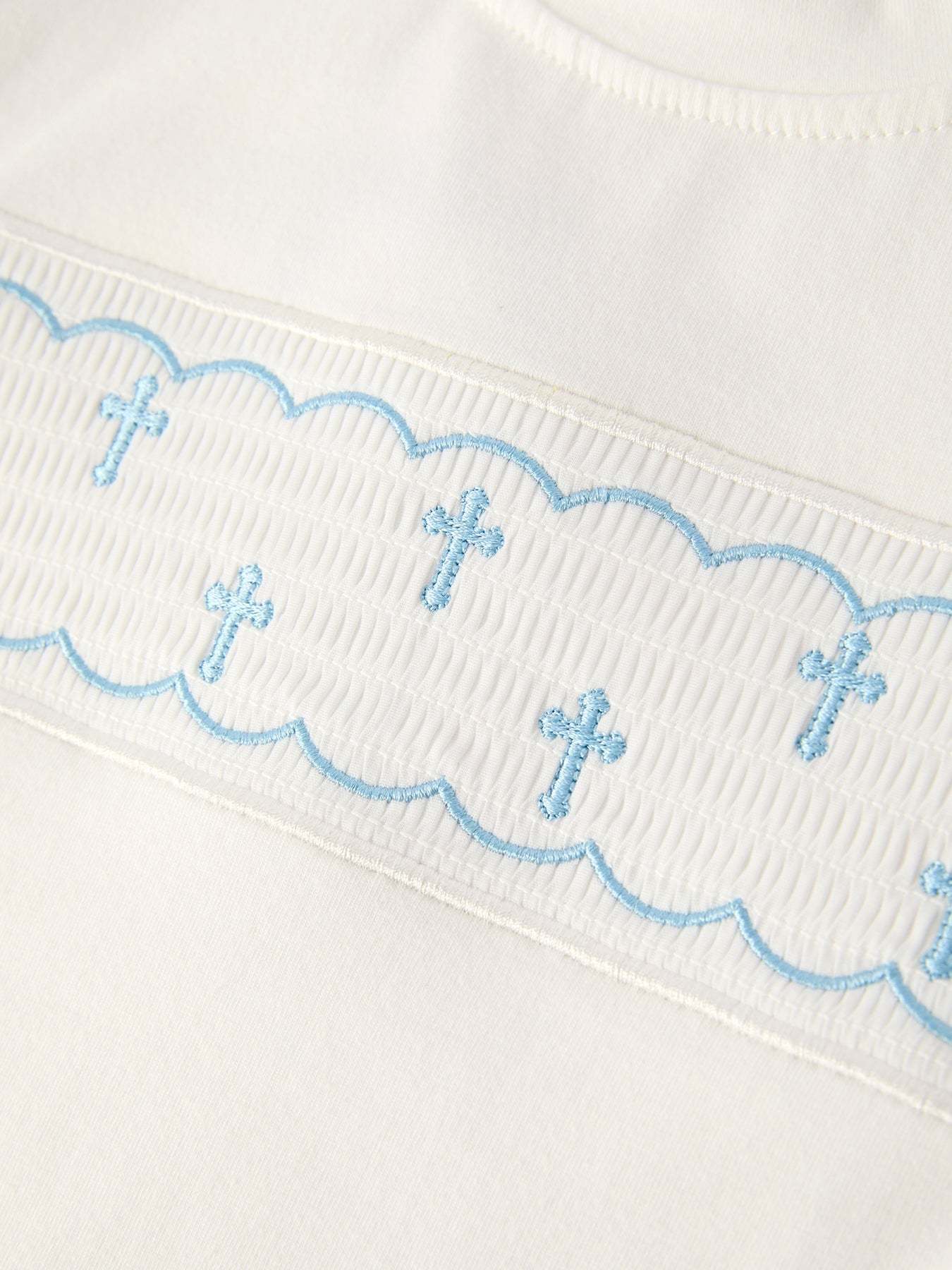 Blue Smocked Church Christ Bishop Christening Toddler Boys'Set outfit fabric and material close-up