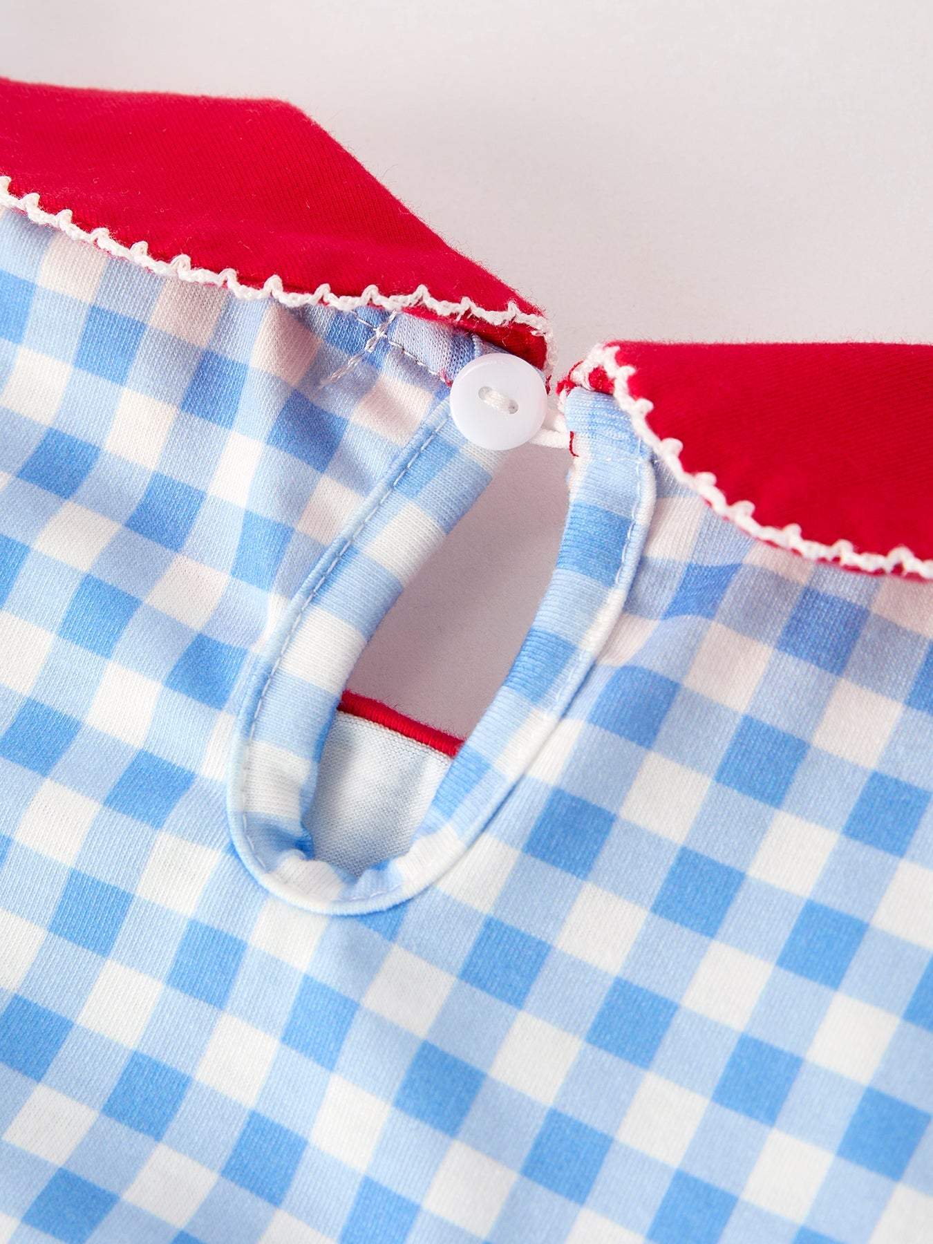 Back To School Girls Striped Lapels Apple Bow Dress, fabric and material close-up