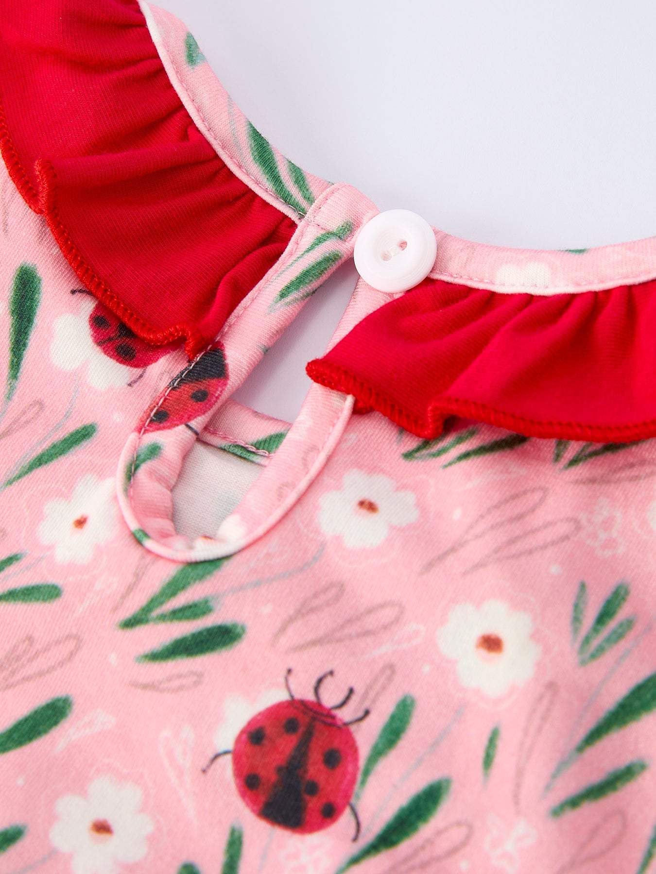Spring Ladybug Smocked Embroidered Girls Dress fabric and material close-up