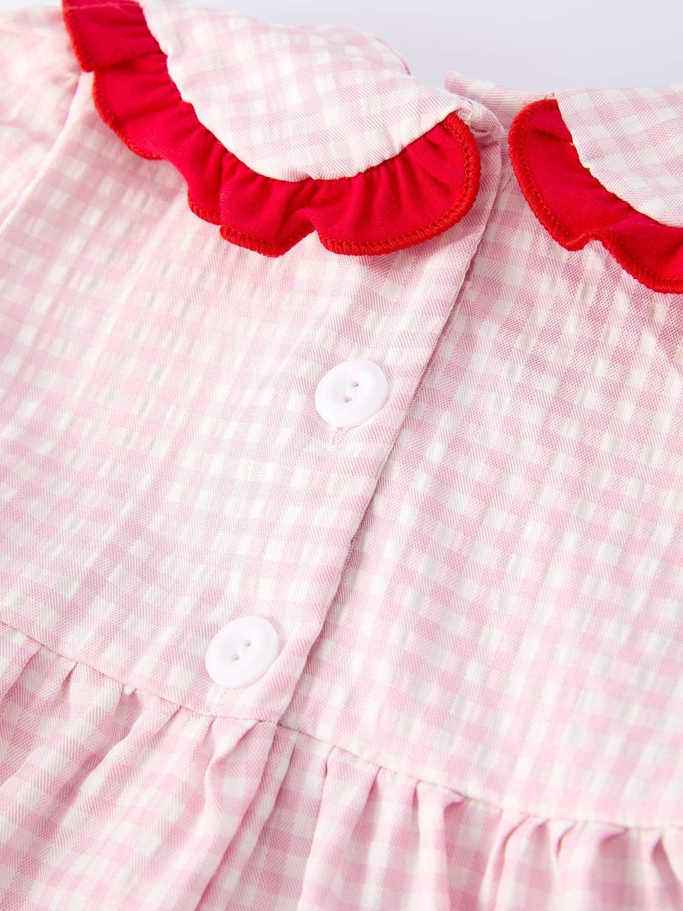 Girls' Plaid Smocked Strawberry Applique Dress fabric and material close-up