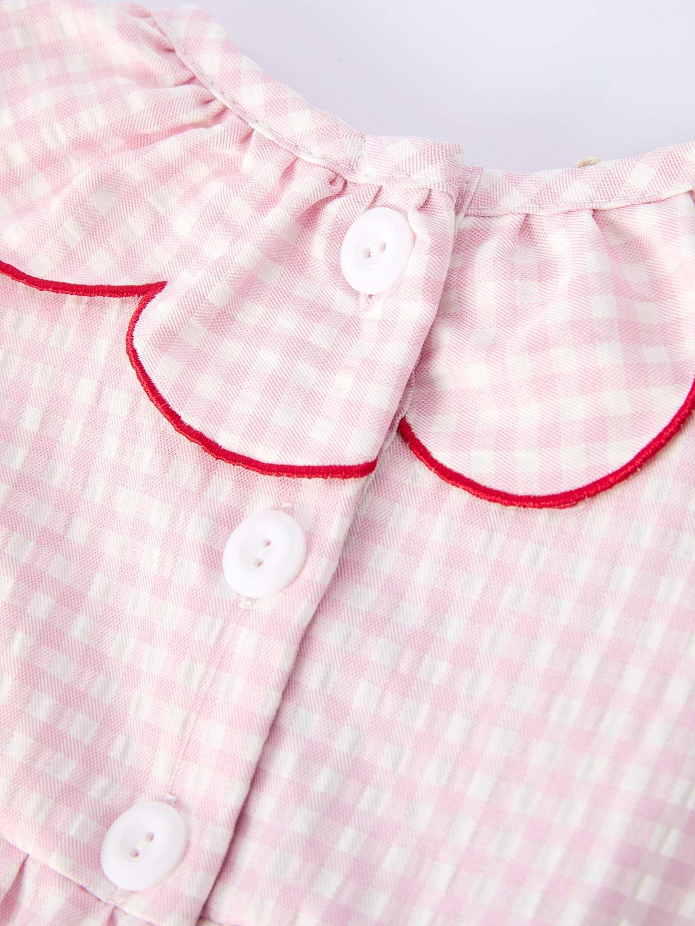 Baby Girls' Plaid Smocked Strawberry Applique Romper fabric and material close-up