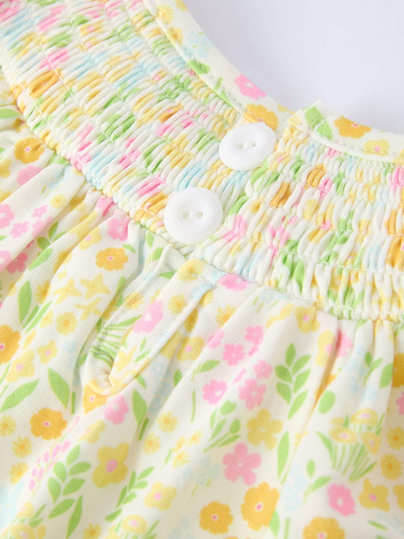 Spring Floral Smocked Baby Girl Romper fabric and material close-up