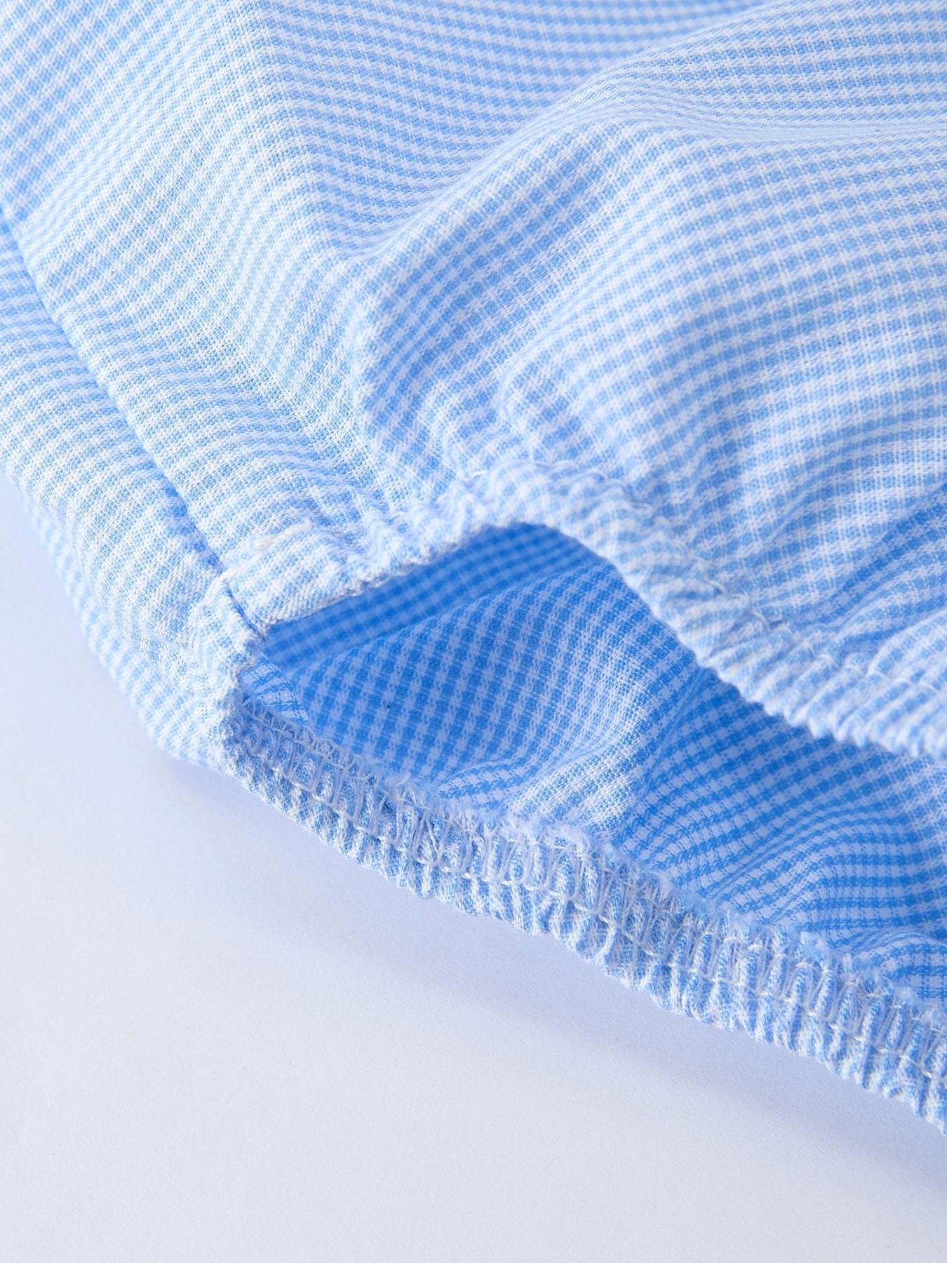 Blue Smocked Church Christ Bishop Christening Baby Boy Bloomer Set romper fabric and material close-up