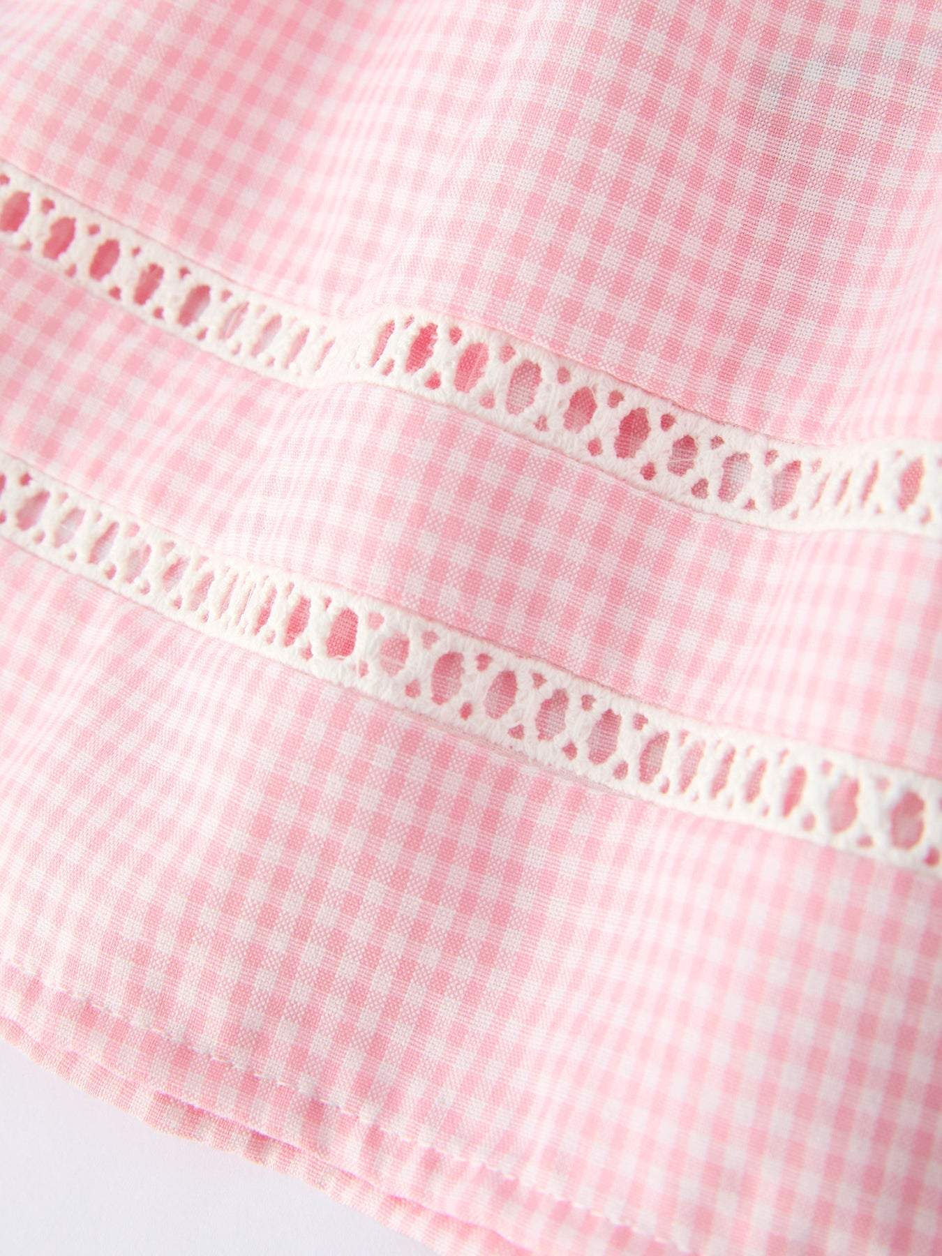 Pink Smocked Church Christ Bishop Christening Baby Girls Bloomer Set romper fabric and material close-up