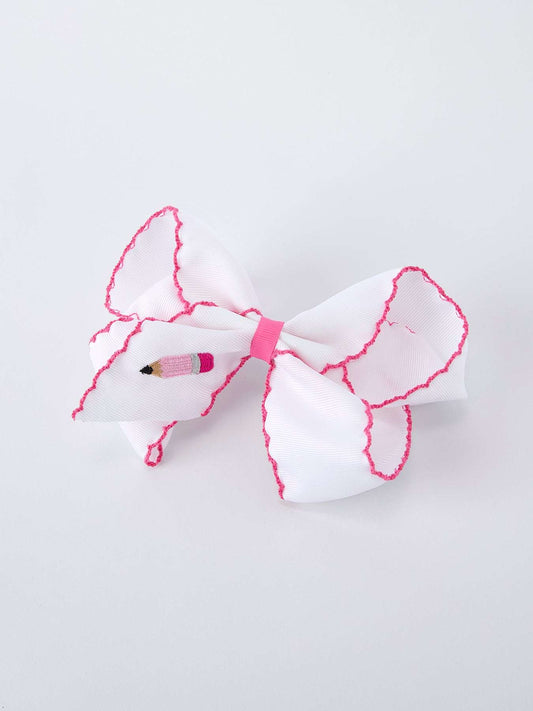 Back to School Pink Pencil Bow Hair Clip 6.25 Inch Bows - detail view
