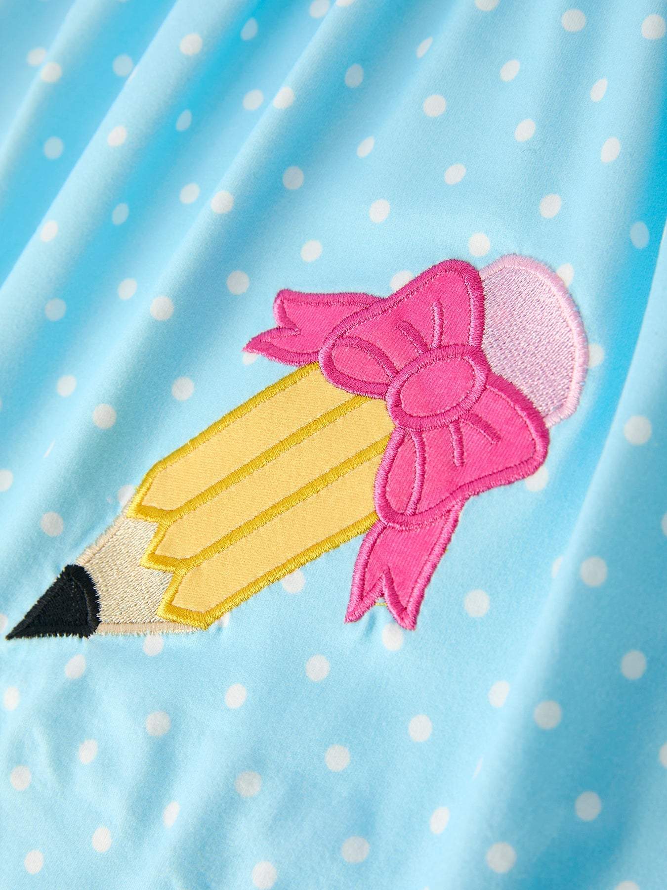 Back to School Polka Dot Girls Dress Pencil Bow Applique - fabric and material close-up