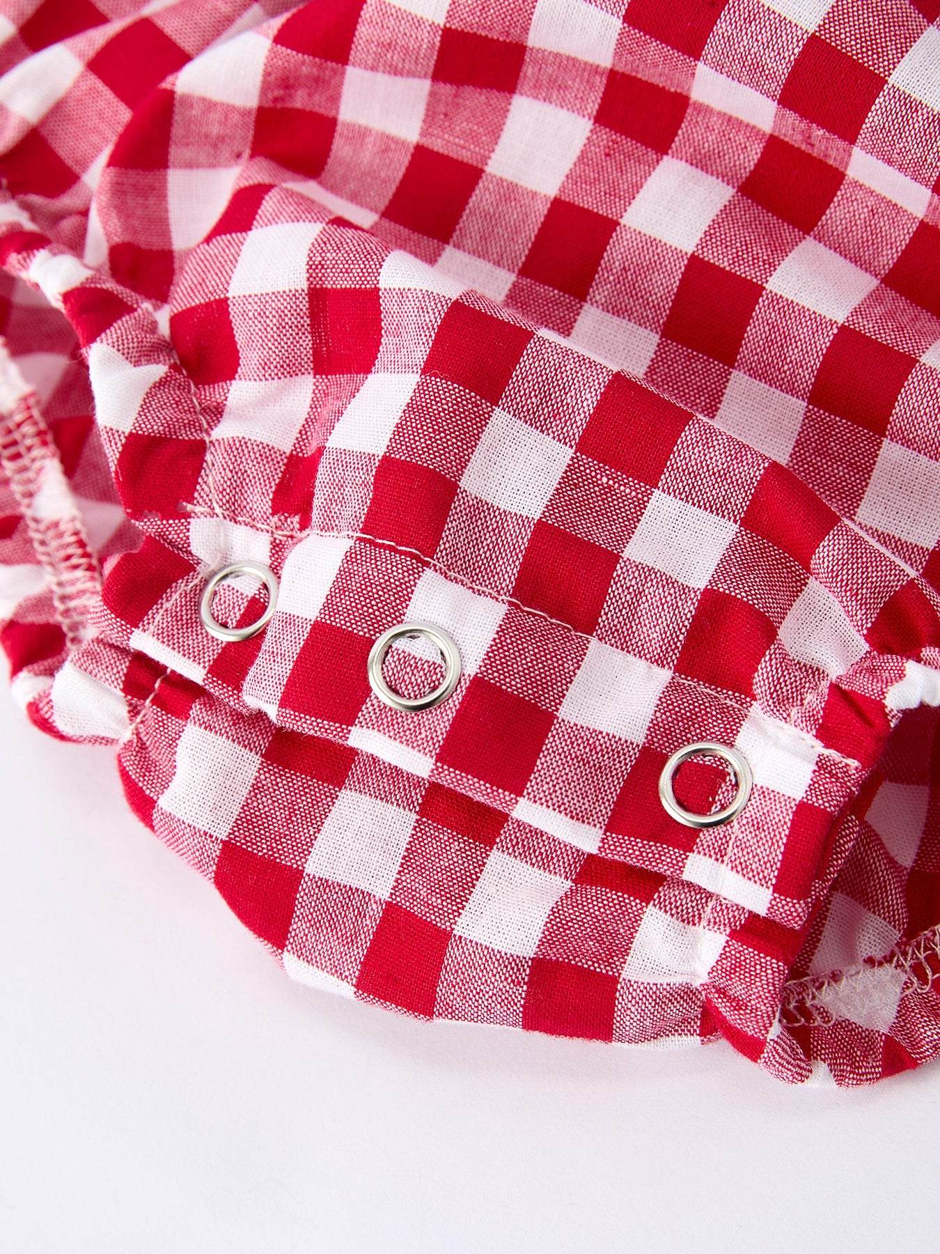 4th of July Flag Plaid Girl Peter Pan Collar Romper Bow - fabric and material close-up