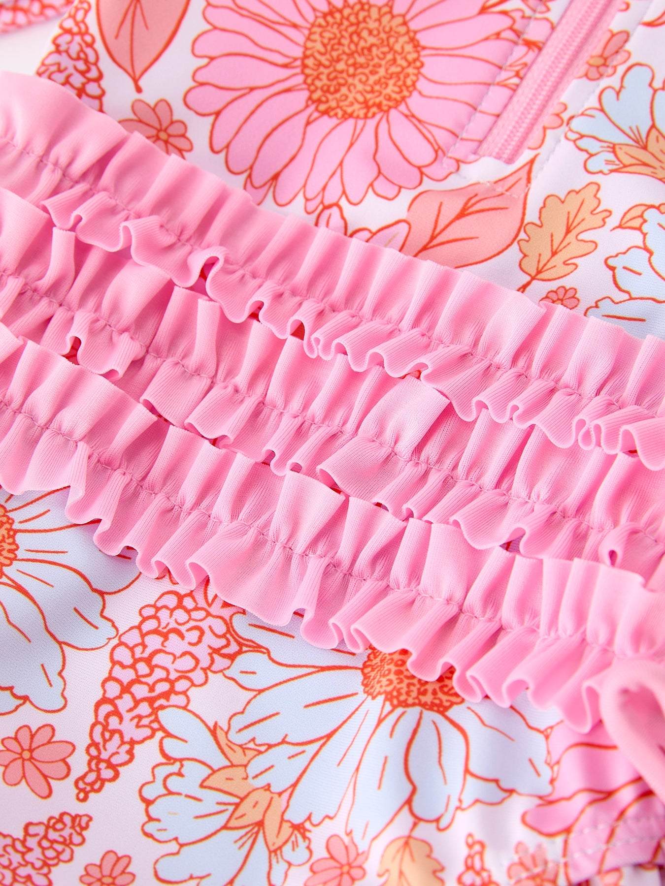 Summer Daisy Floral Girl Long Sleeve Ruffle One Piece Swimsuit - fabric and material close-up