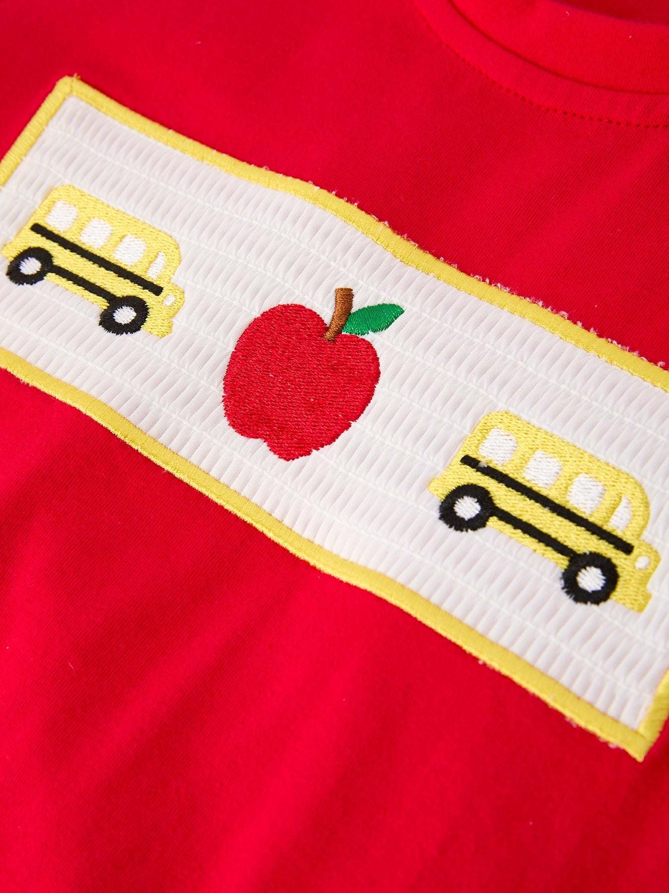 Back To School School Bus Boys Set Red Plaid Shorts Outfit - fabric and material close-up