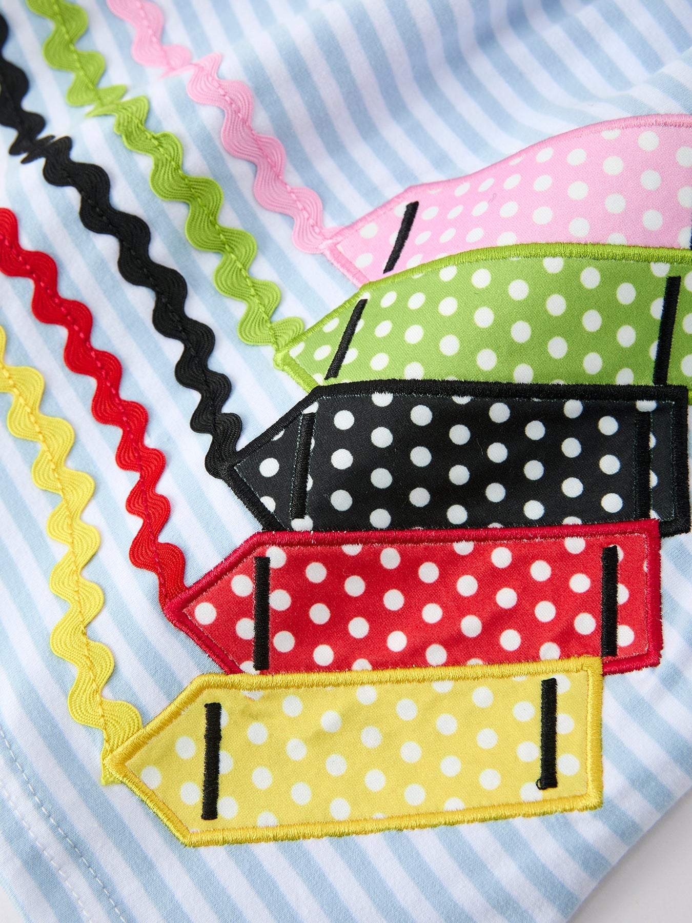 Girls Back To School Crayon Dress Ruffle Petal Collar Applique - fabric and material close-up