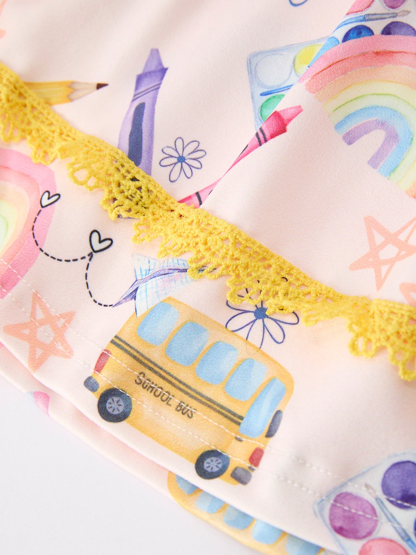 Girls Back To School Rainbow School Bus Ruffle Dress Leggings Set Outfit - fabric and material close-up