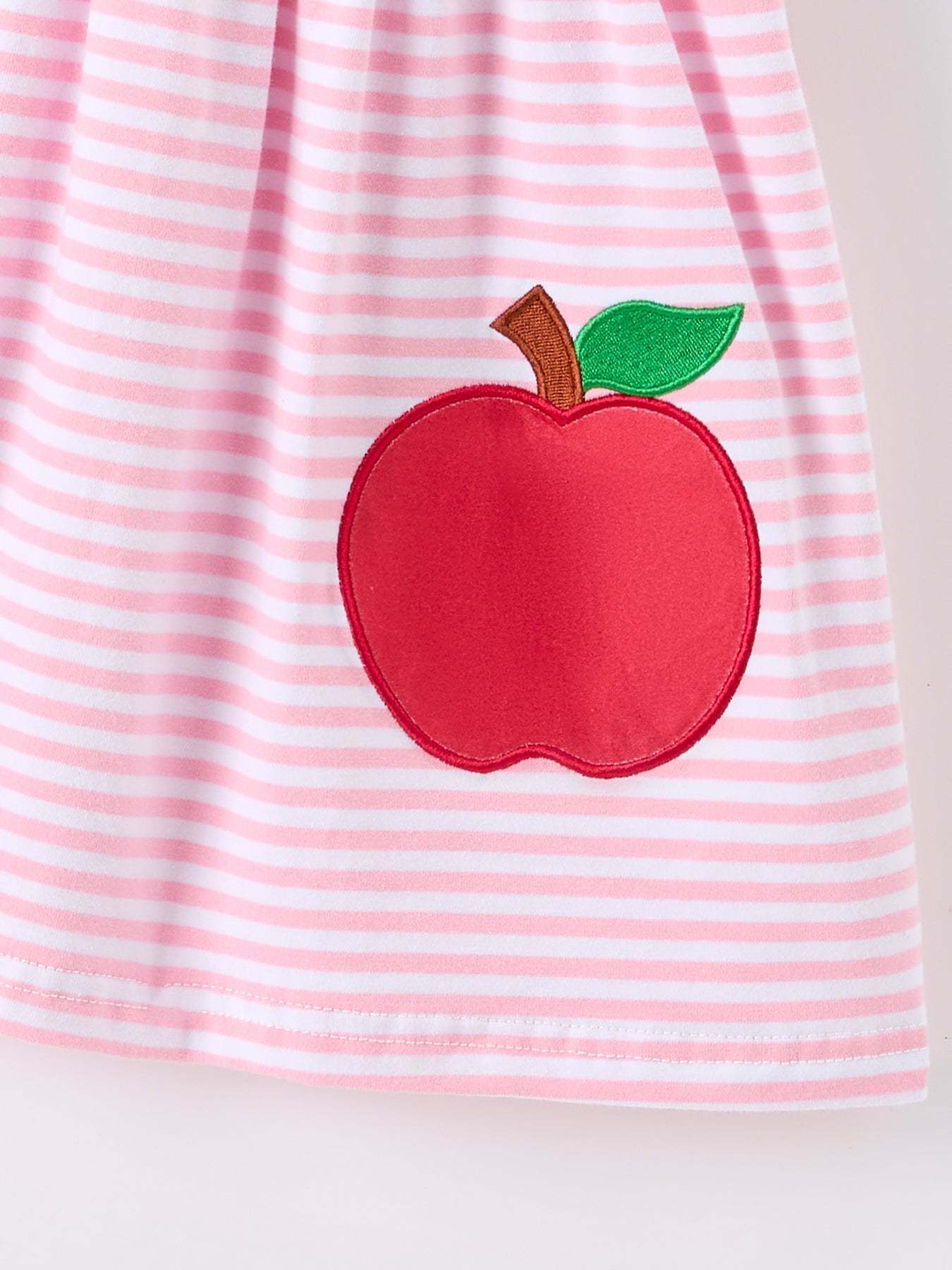 Girls Back To School Apple Applique Twirl Dress Ruffle Petal Collar - fabric and material close-up