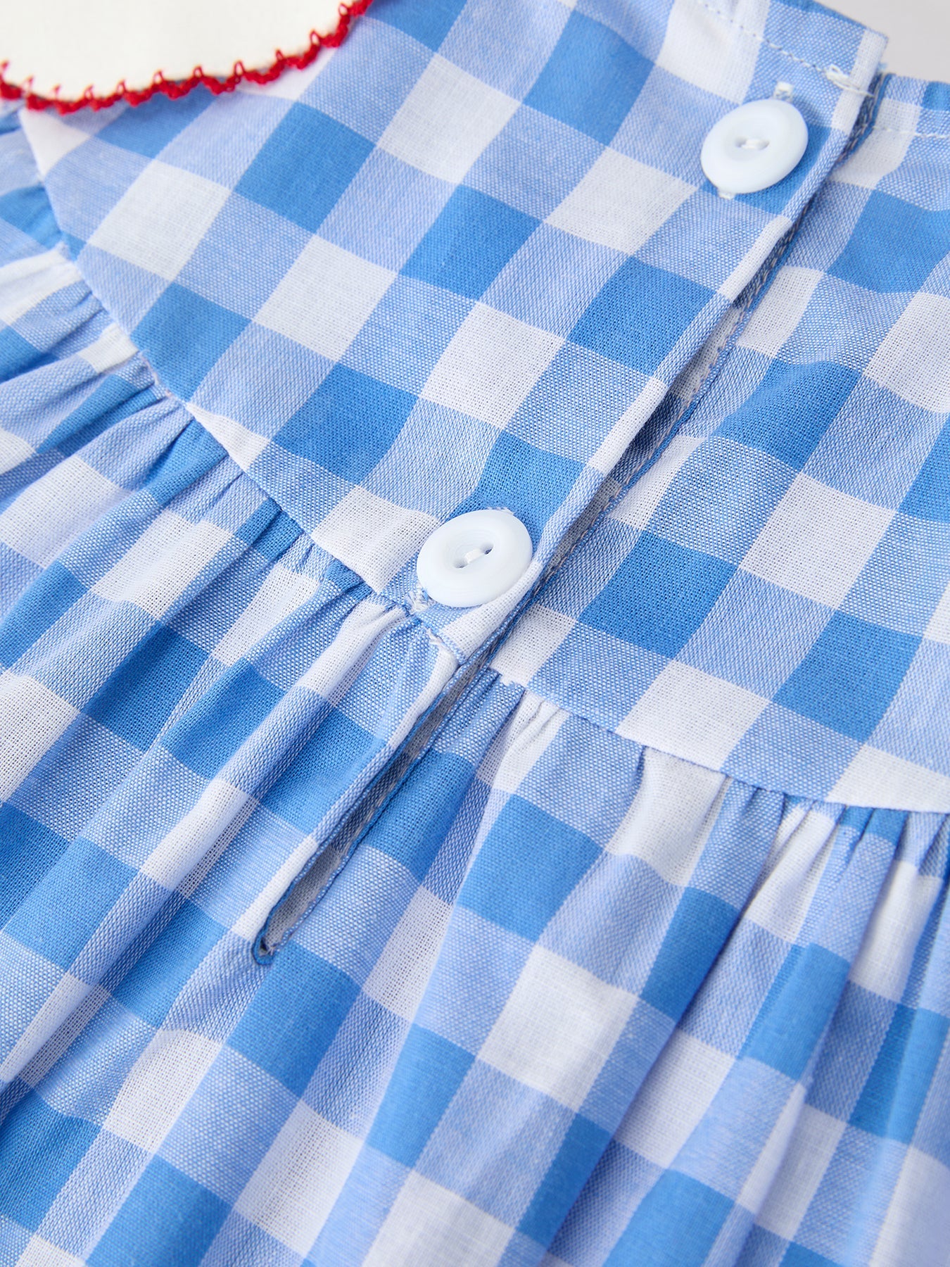 Girls 4th of July Plaid Twirl Dress Bow Embroidery Petals Collar - fabric and material close-up