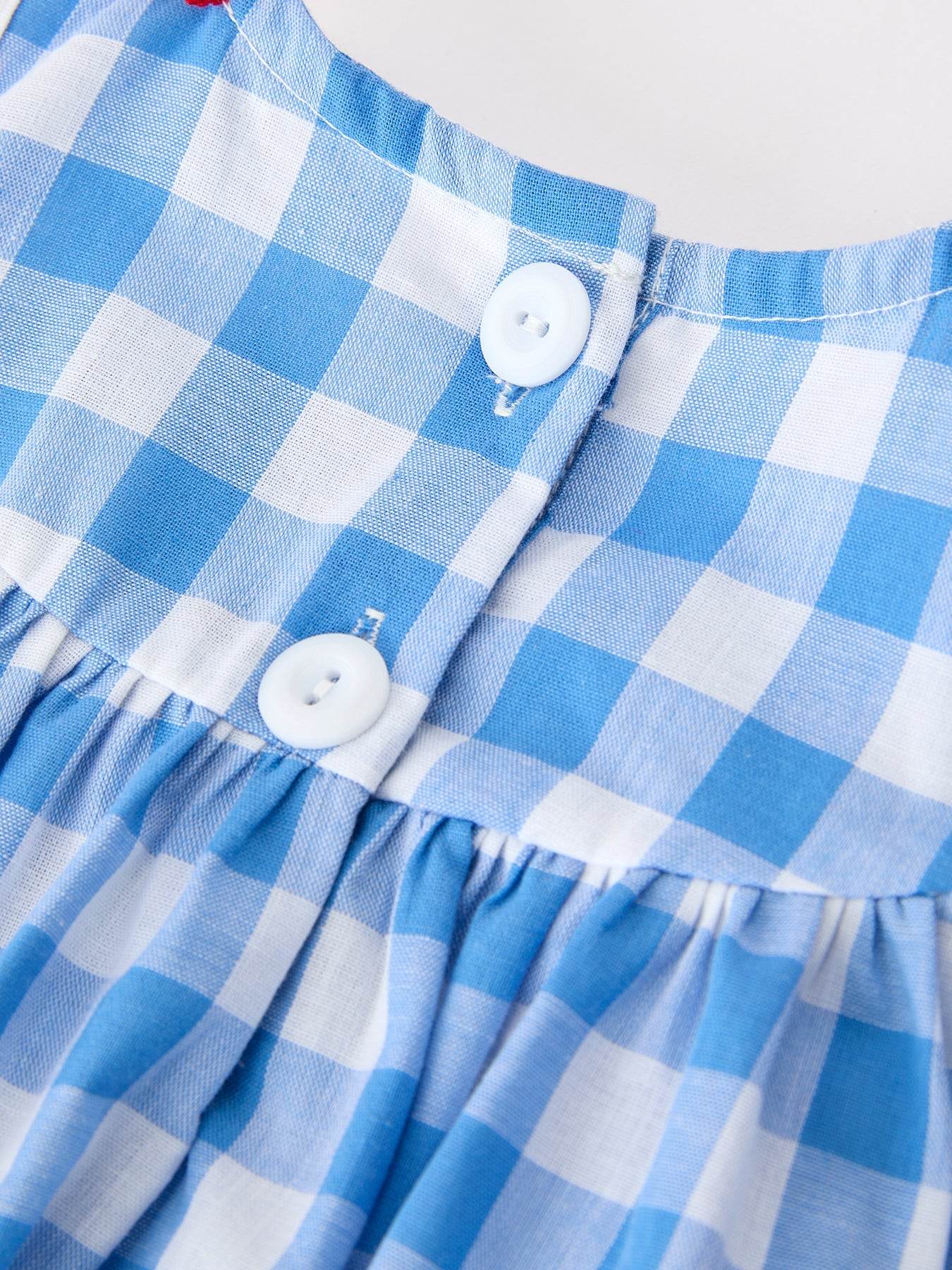 Girls 4th of July Plaid Romper Bow Embroidery Petals Collar - fabric and material close-up