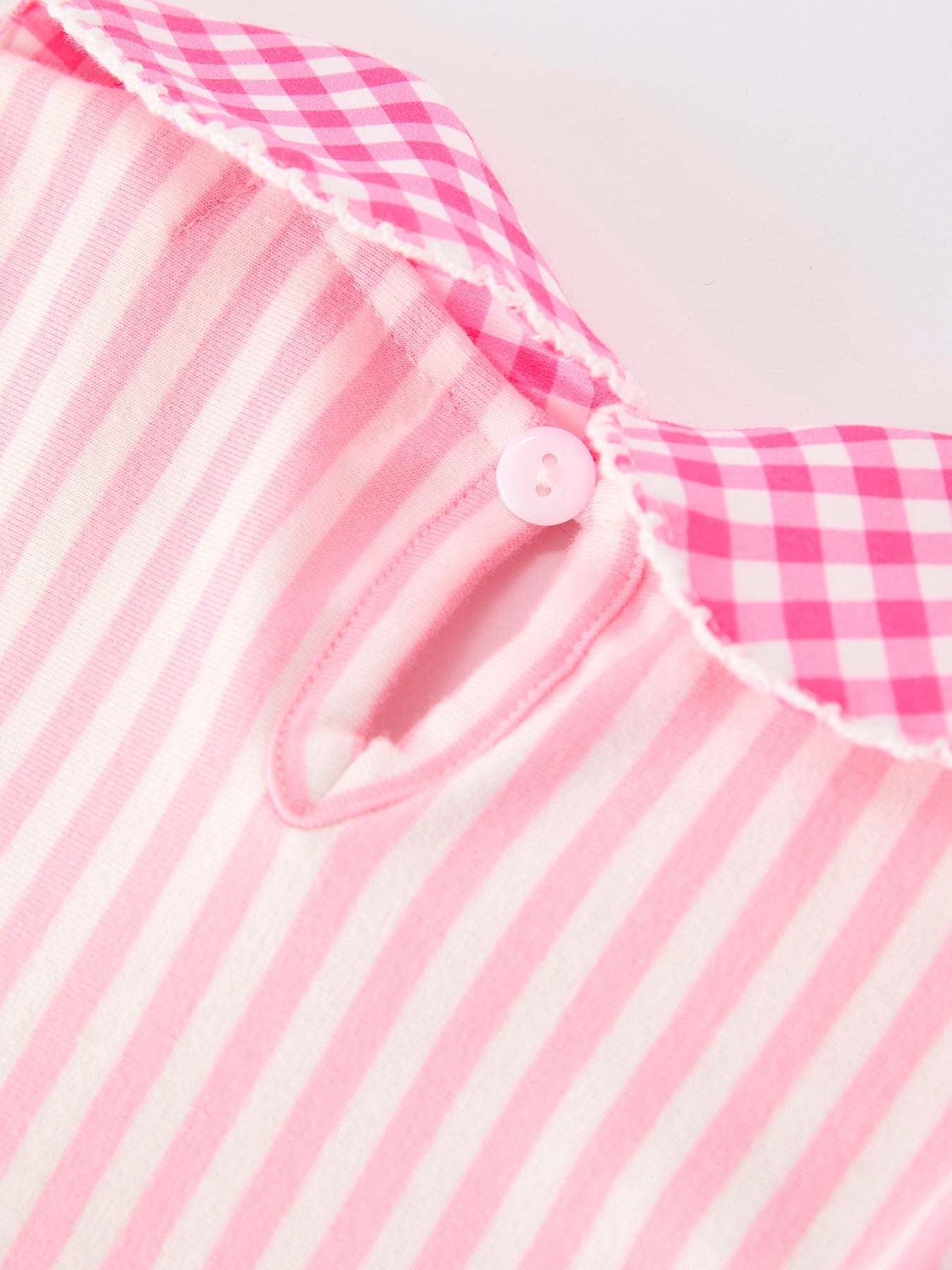 Girls Back To School Pink Plaid Petals Collar Pencil Applique Dress - fabric and material close-up