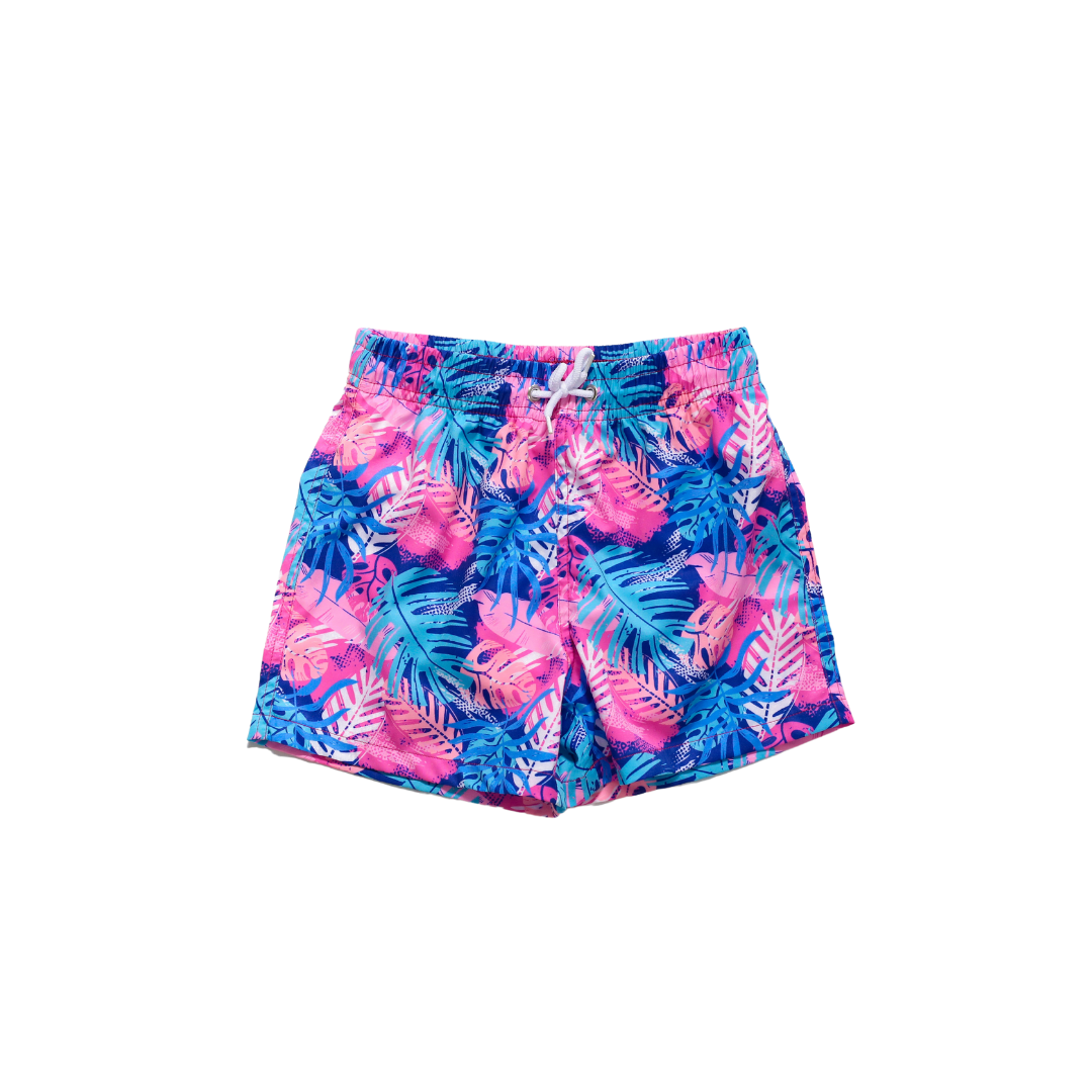 Dune Digs Trunks with tropical print, elastic waist, and drawstring.