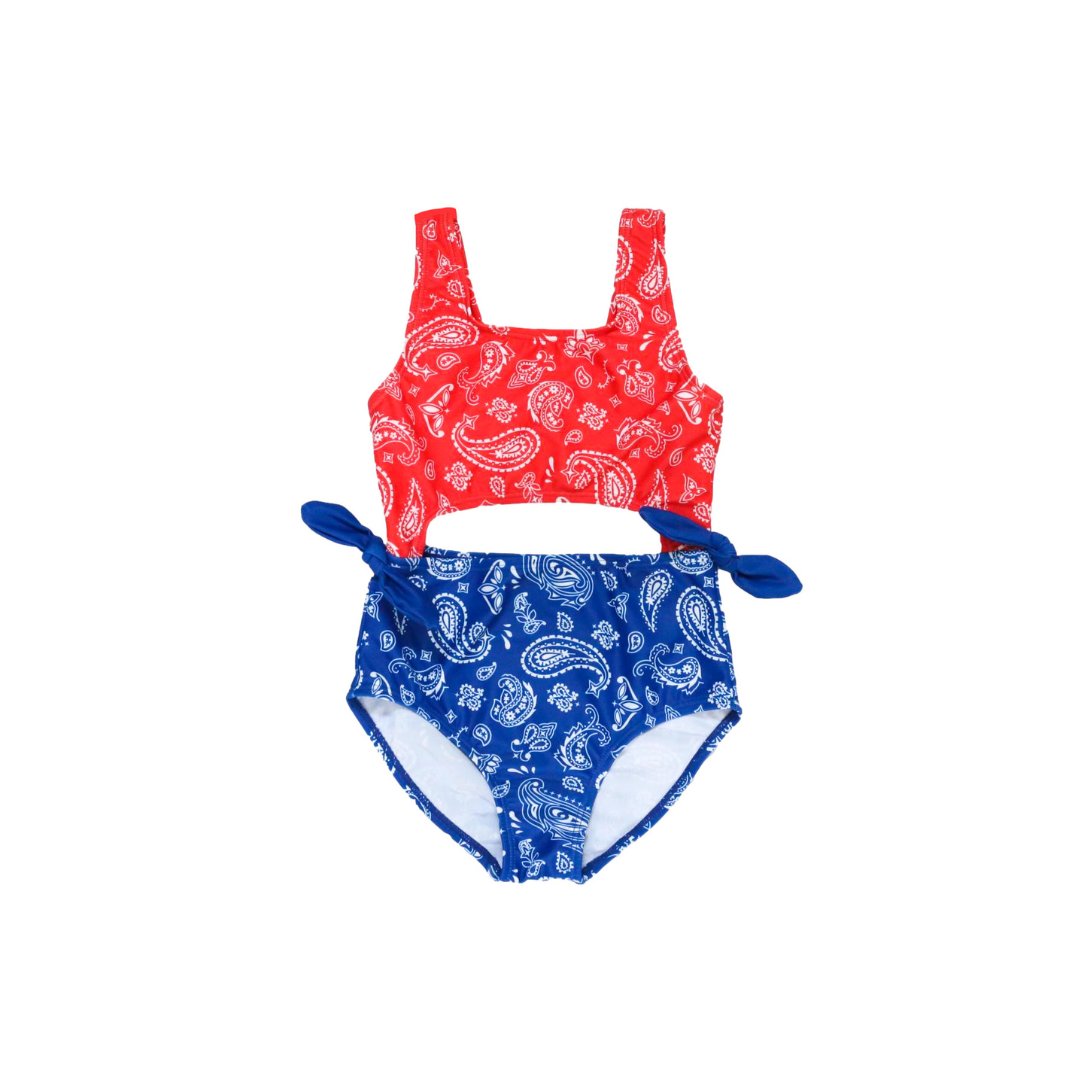 Freedom Cove One Piece Swimsuit with cut-out sides and belted sash.