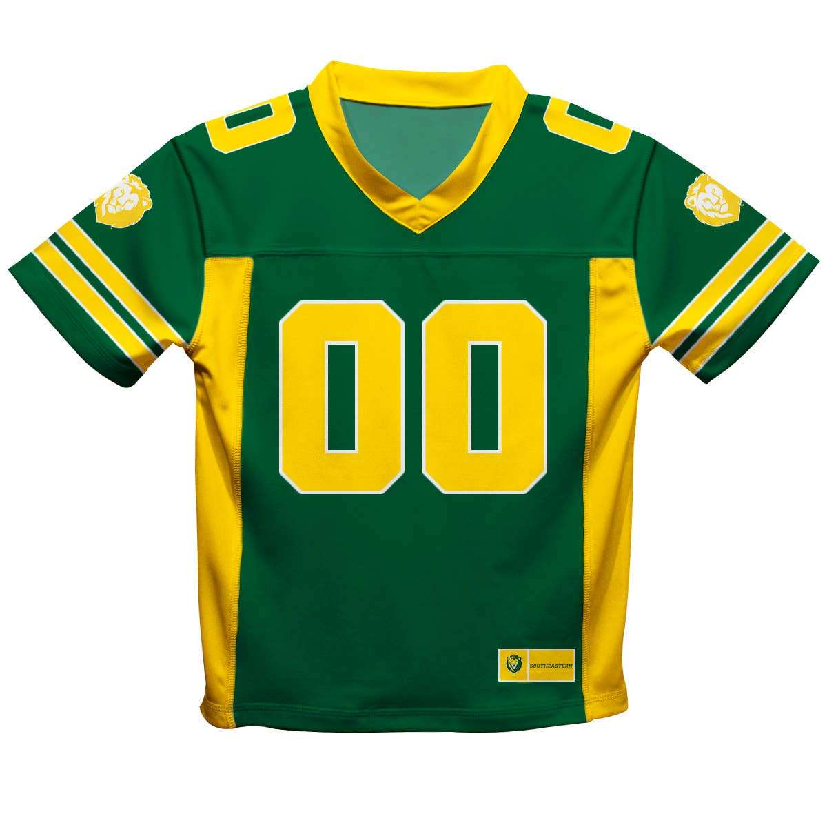 Vive La Fete Southeastern Louisiana Lions green and yellow boys football jersey with number 00 and team logo on sleeves