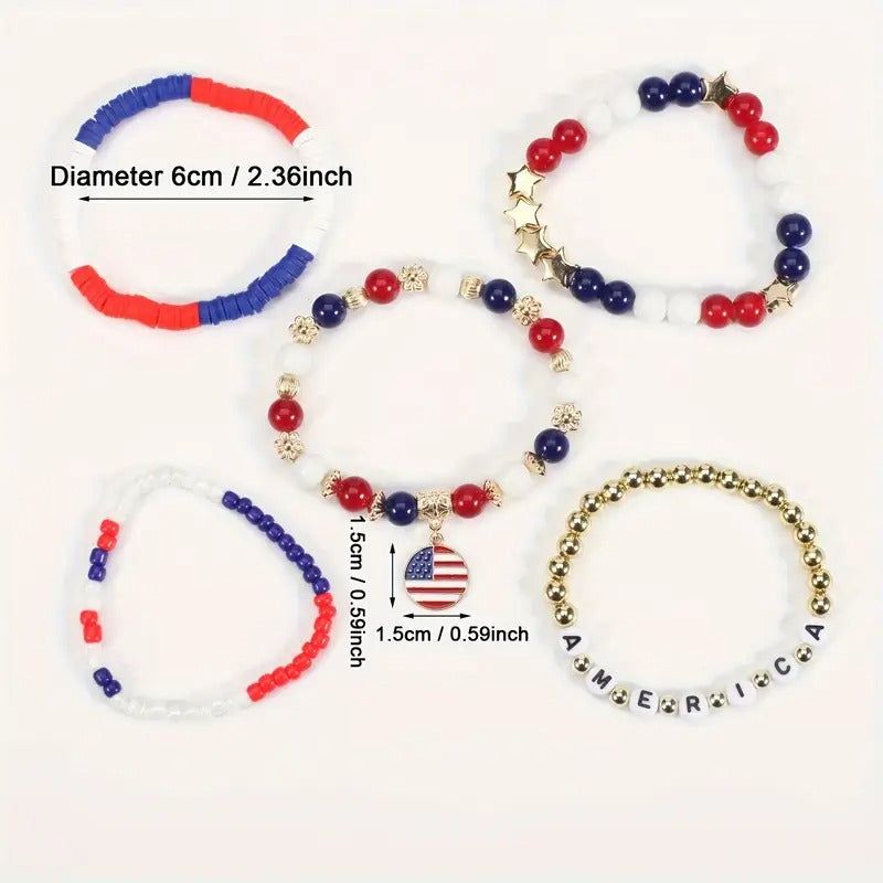 Set American Flag Theme Bracelet Independence Day Beaded Stretch Bracelet