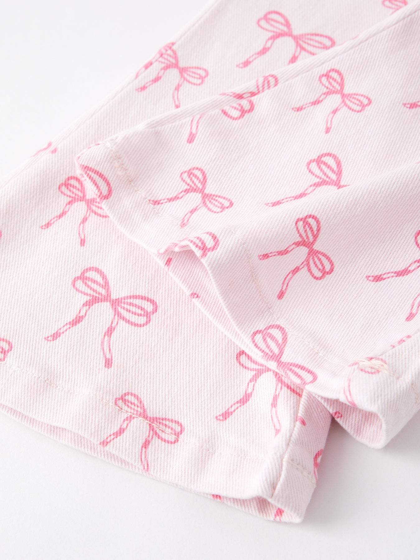 Fall Girls Pink Bow Print Elastic Flared Jeans Denim pant