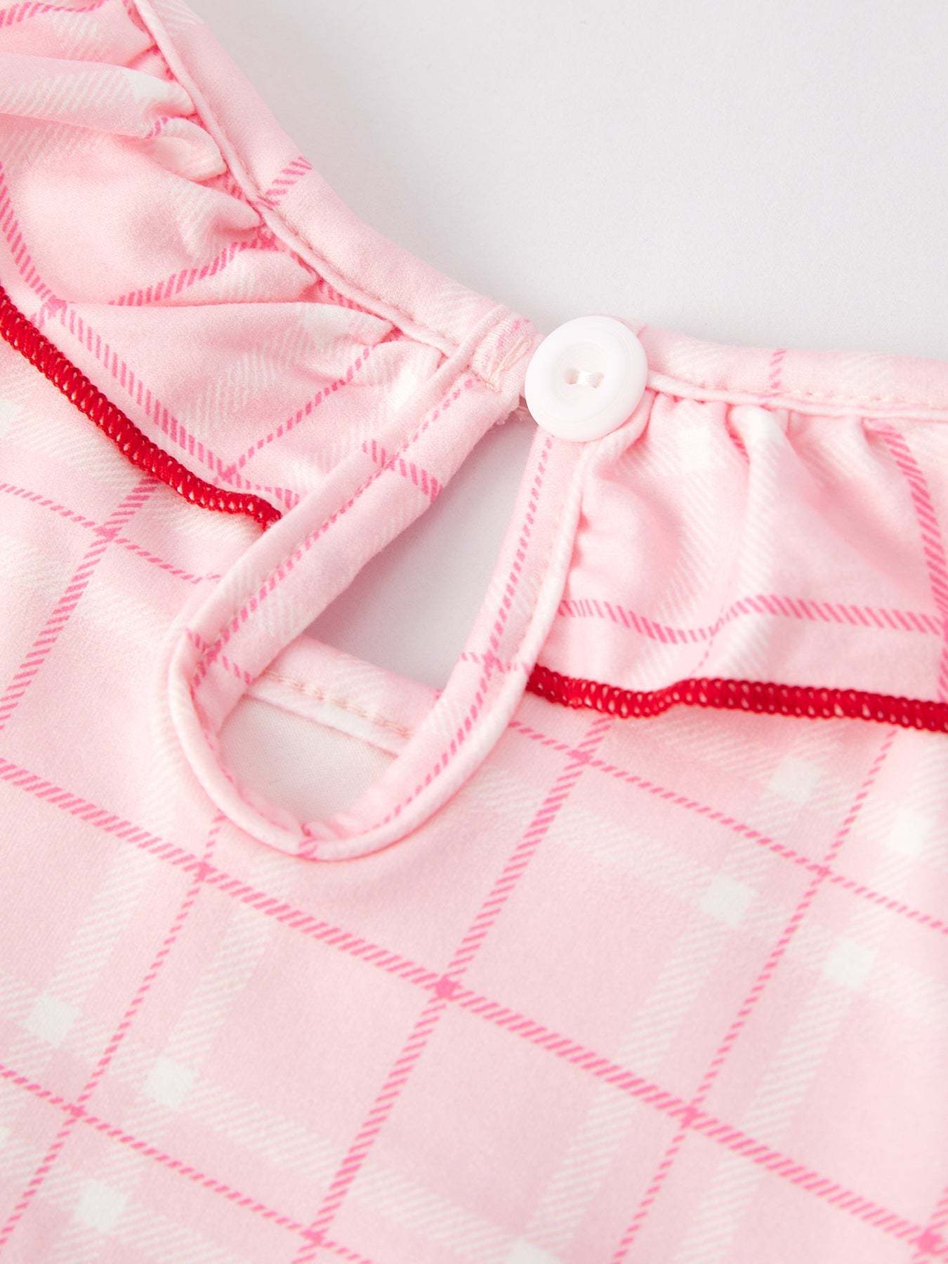 Strawberry Applique Girls Pink Plaid Dress fabric and material close-up