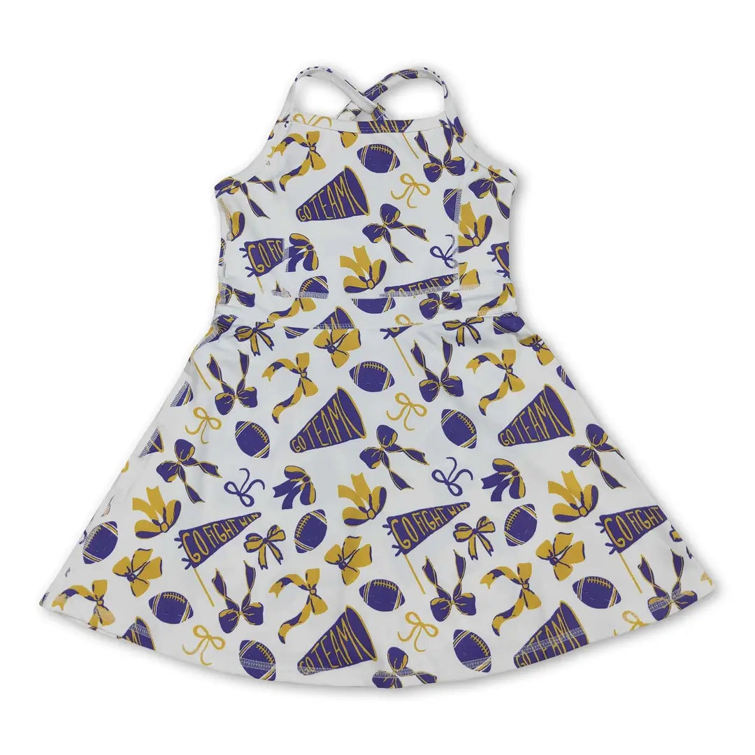 Purple and gold athletic dress twirl side view