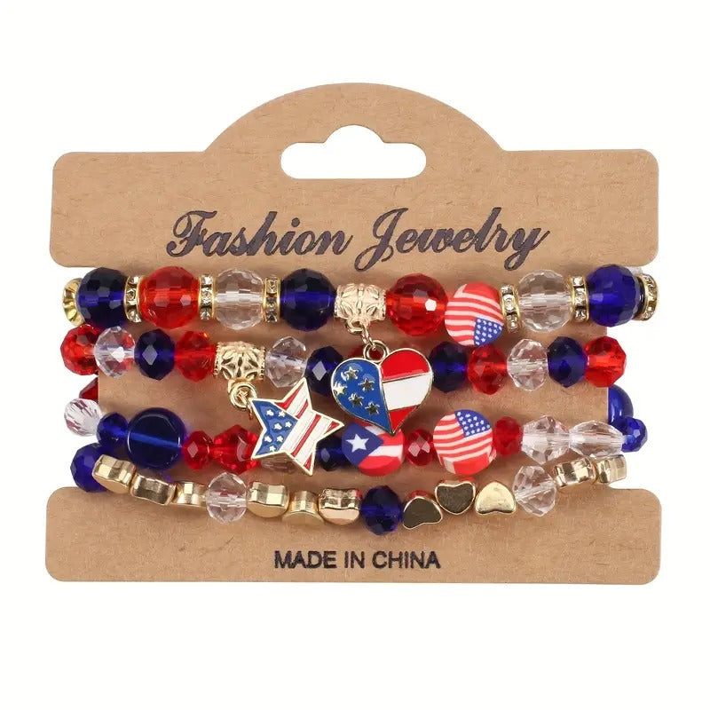Set American Flag Theme Bracelet Independence Day Beaded Stretch Bracelet