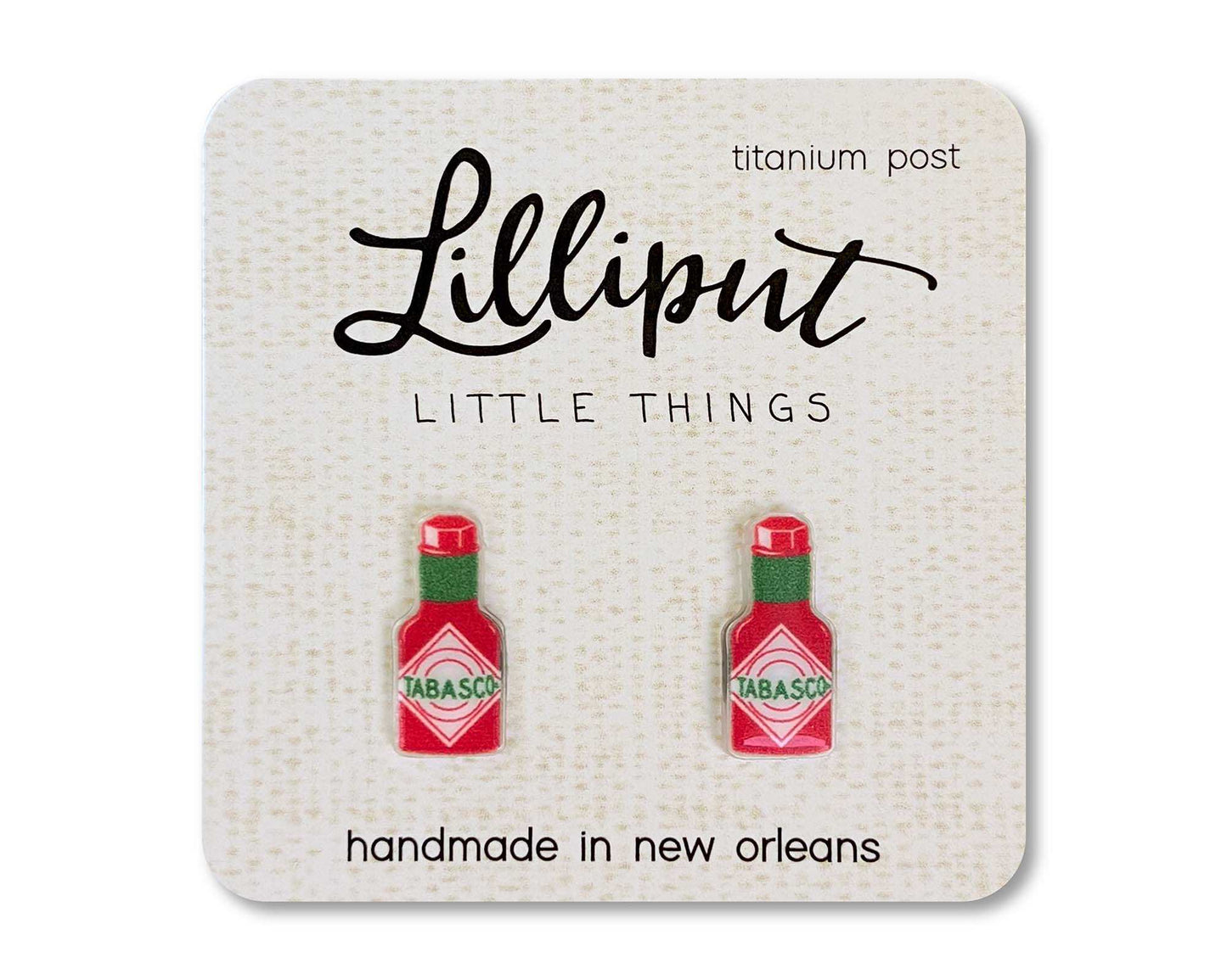 TABASCO® Hot Sauce Earrings with titanium posts, handmade in New Orleans.