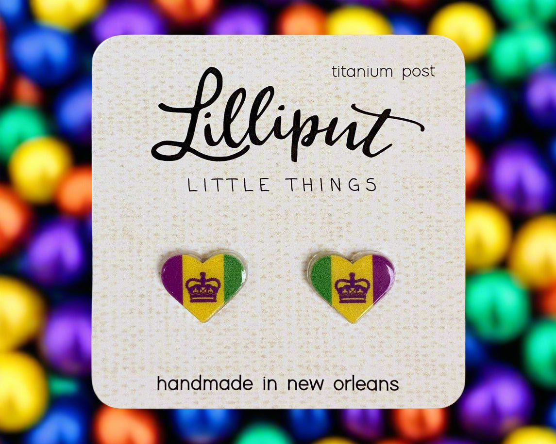 Mardi Gras crown heart earrings with hypoallergenic titanium posts, vibrant and waterproof design by Lilliput Little Things.
