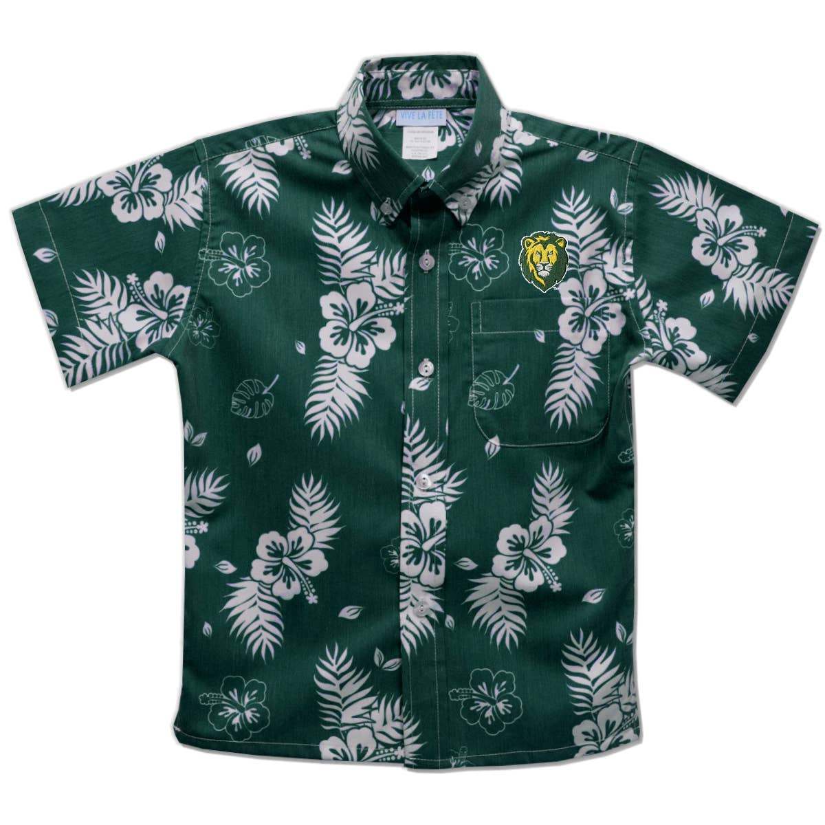 Vive La Fete Southeastern Louisiana Lions green Hawaiian button down shirt with white floral print and team logo on chest pocket