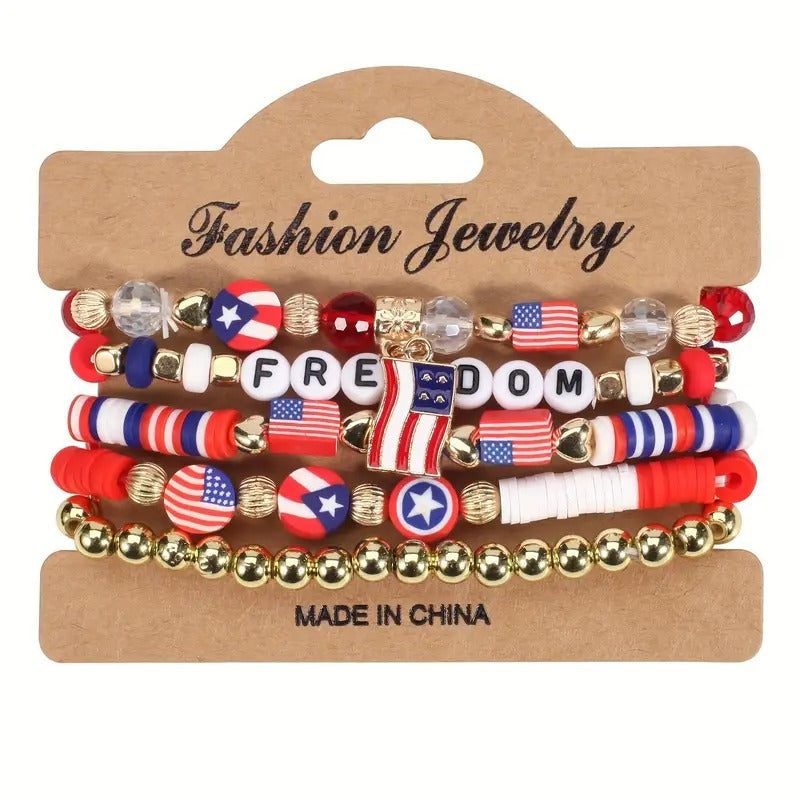 Set American Flag Theme Bracelet Independence Day Beaded Stretch Bracelet