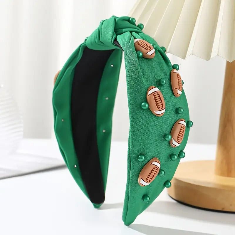 Sporty knotted headband in green with football decorations and bead accents