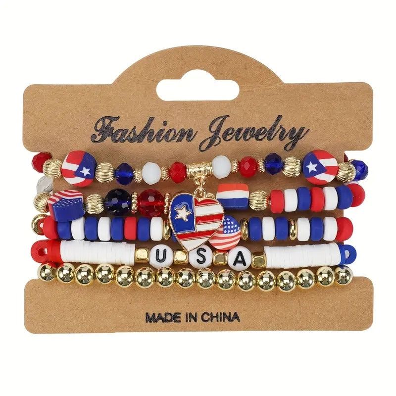 Set American Flag Theme Bracelet Independence Day Beaded Stretch Bracelet