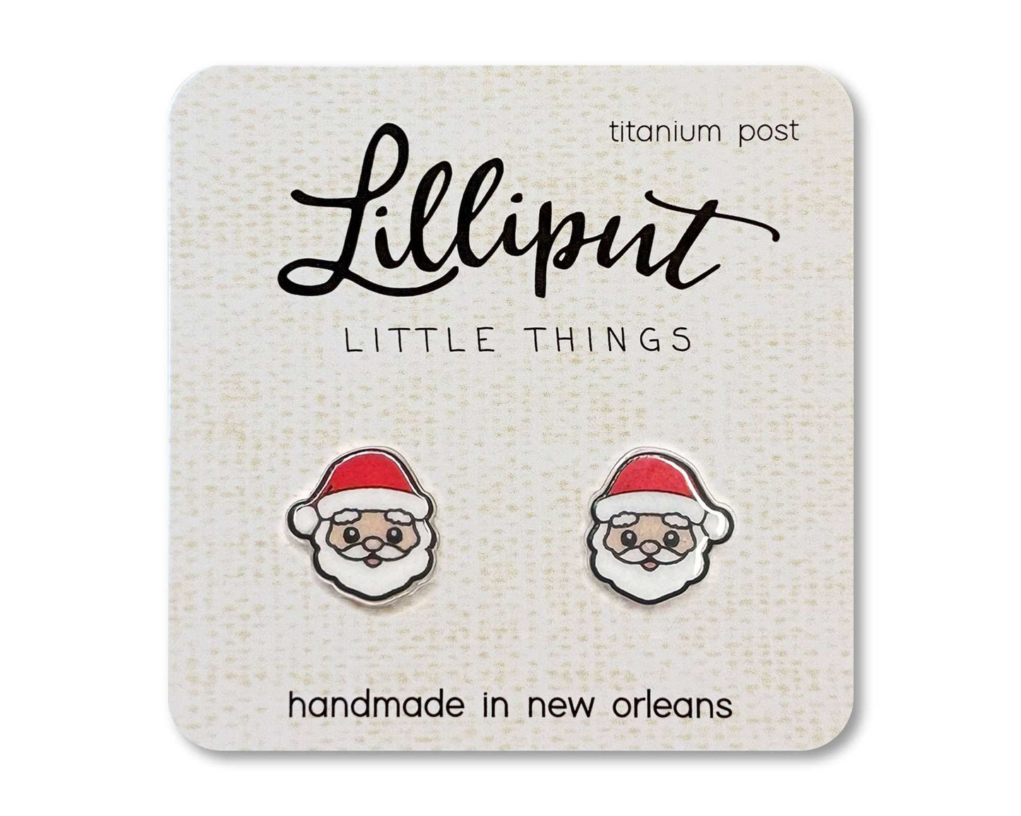Lilliput Little Things handmade Santa Claus Christmas earrings with hypoallergenic titanium posts and waterproof, fade-proof print