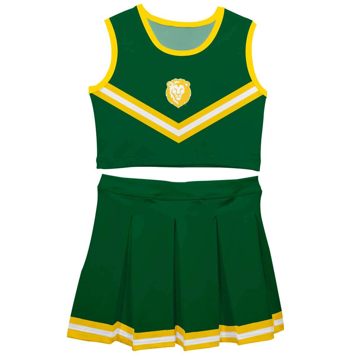 Vive La Fete Southeastern Louisiana Lions sleeveless cheerleader set with pleated skirt in green and yellow colors
