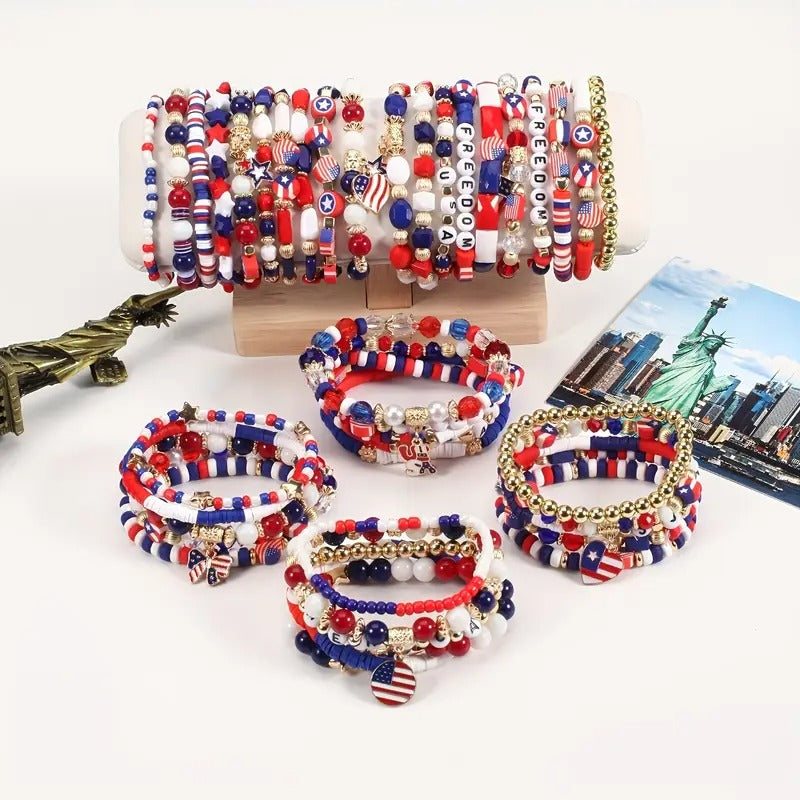 Set American Flag Theme Bracelet Independence Day Beaded Stretch Bracelet