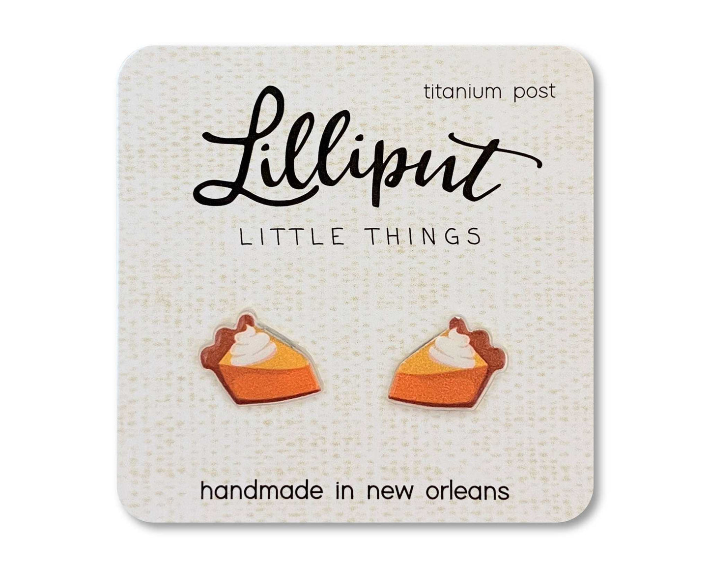 Lilliput Little Things pumpkin pie slice stud earrings with titanium posts, handmade in New Orleans
