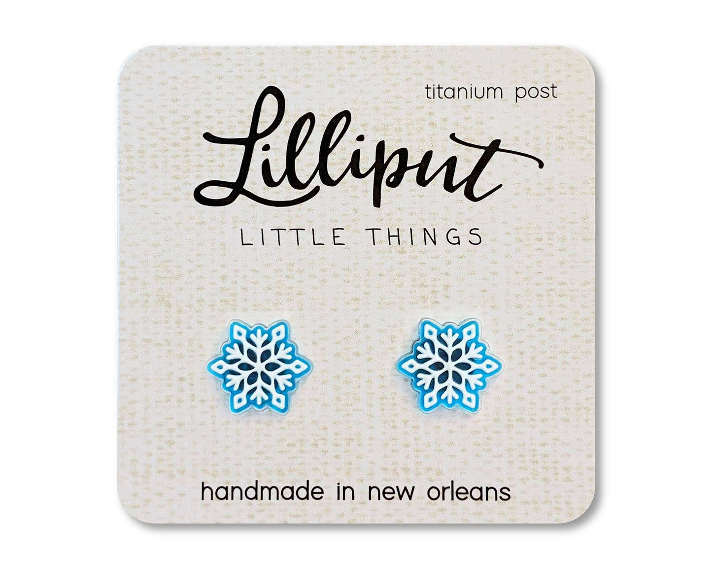 Lilliput Little Things snowflake earrings with hypoallergenic titanium posts, waterproof and fade-proof novelty studs.