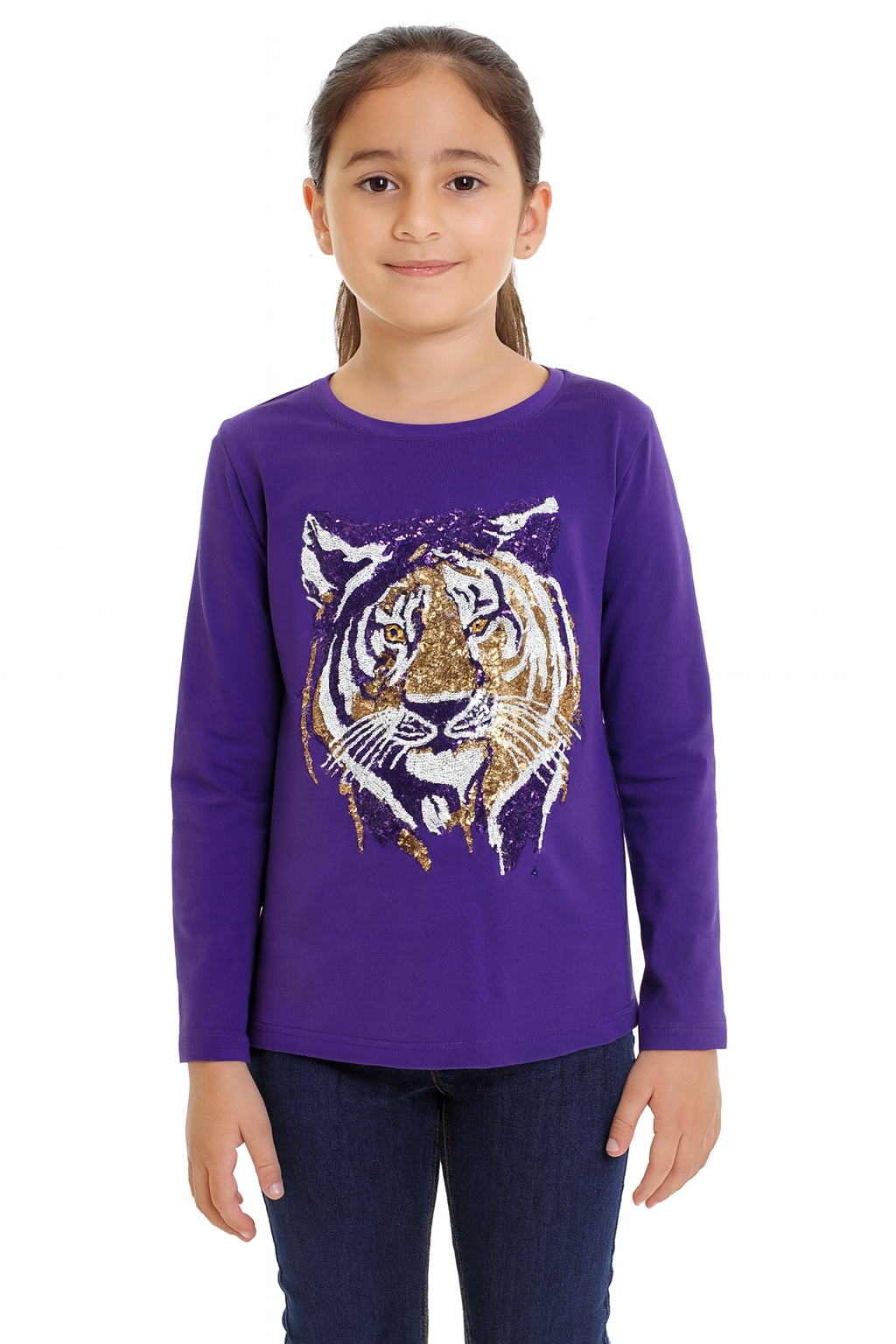Girl wearing purple Tiger Face Long Sleeve Kid Shirt with tiger graphic front