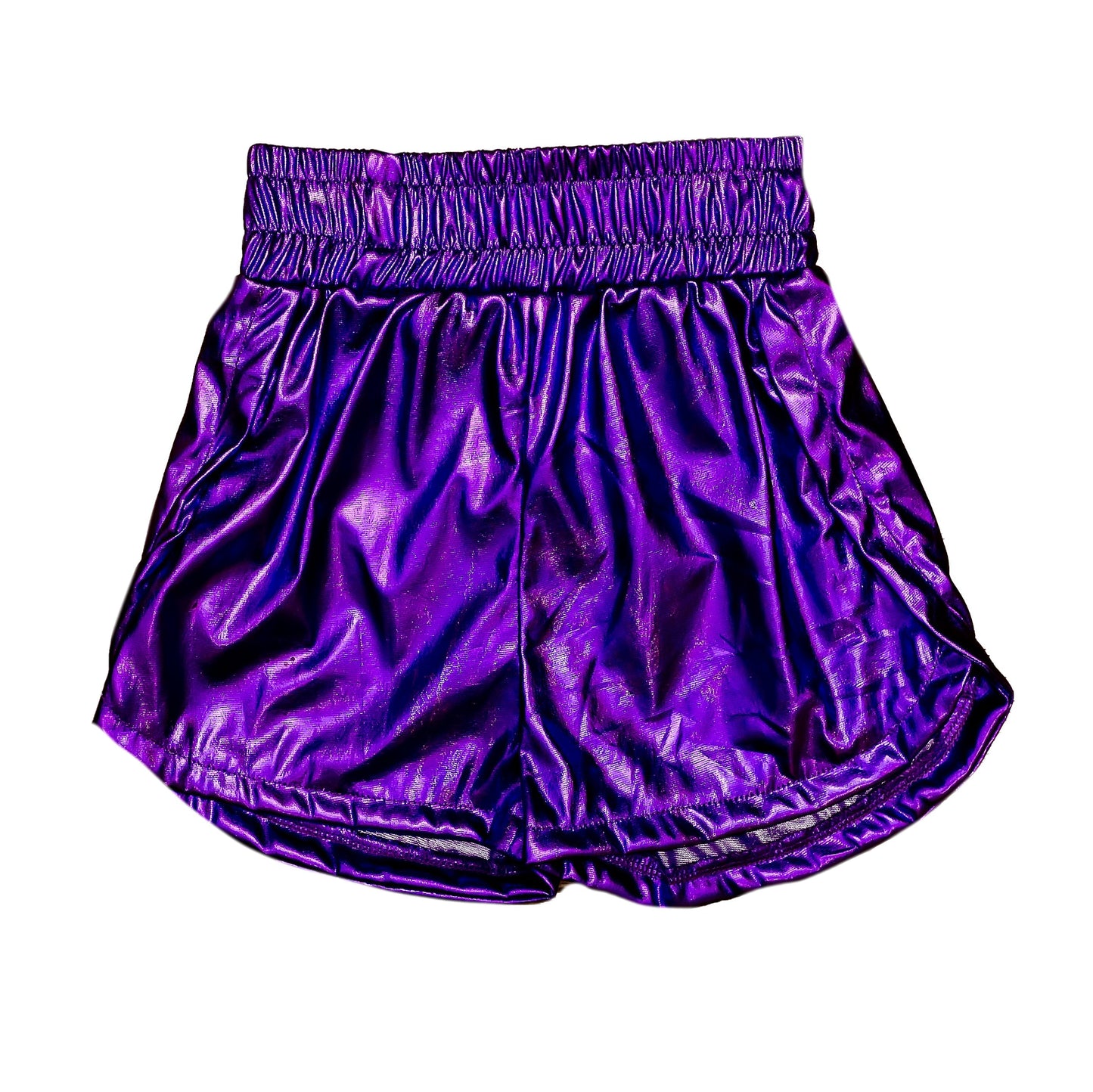 Purple metallic kid shorts with elastic waistband and shiny finish