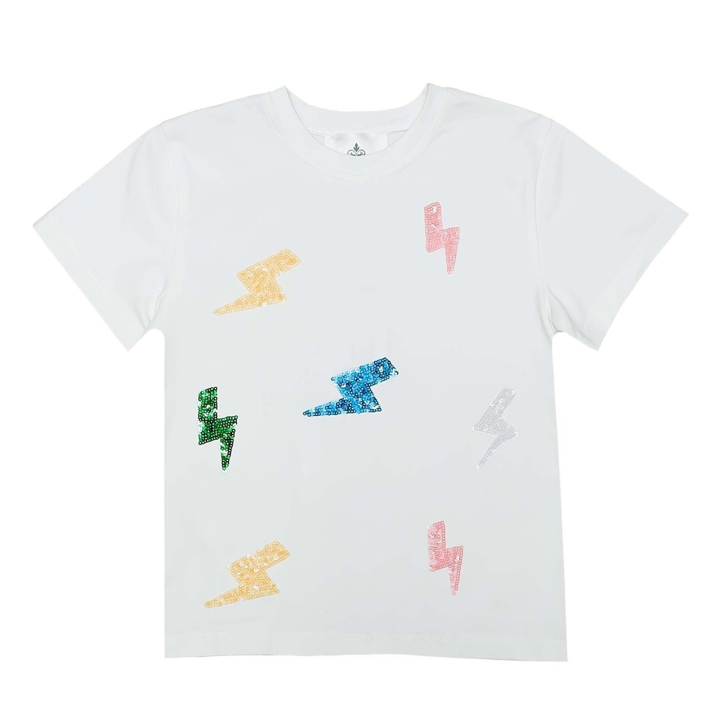 White kid shirt with colorful lightning bolt sequin designs