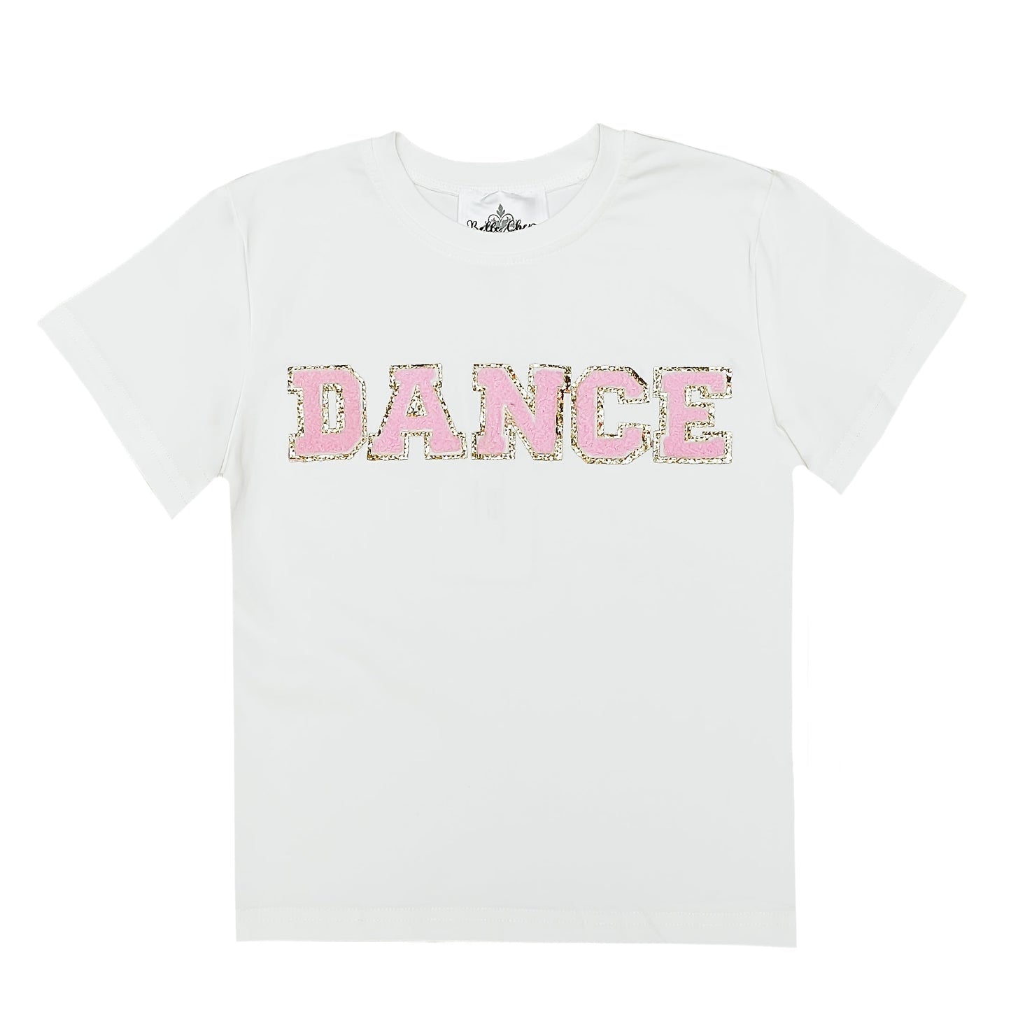 White Dance Chenille Kid Shirt with pink chenille letters spelling DANCE on front