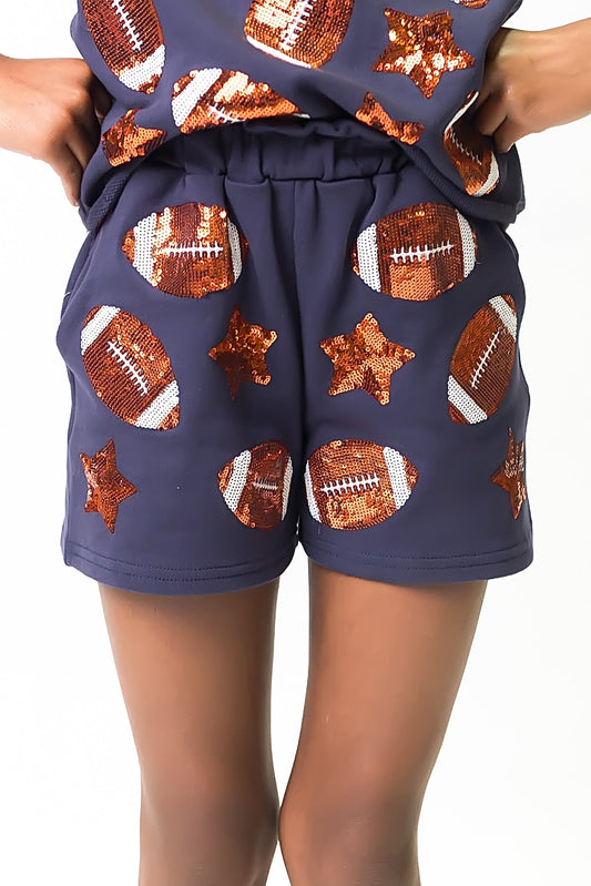 Navy and orange football shorts with football and star patterns, comfortable fit for athletic movement