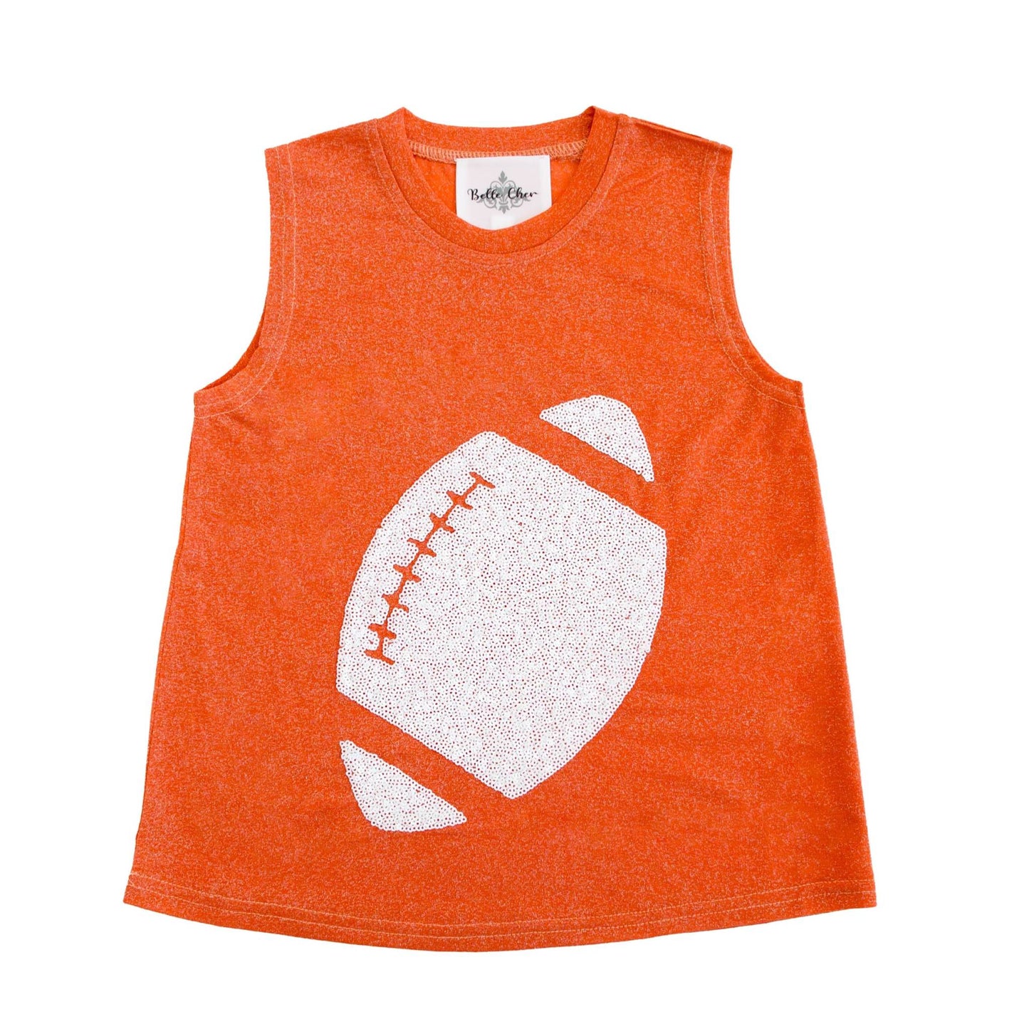 Orange kid tank top with white football glitter design