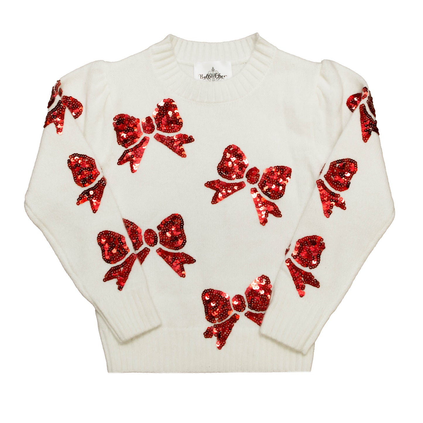Girls cream knit sweater with red sequin bows for Christmas and winter holidays