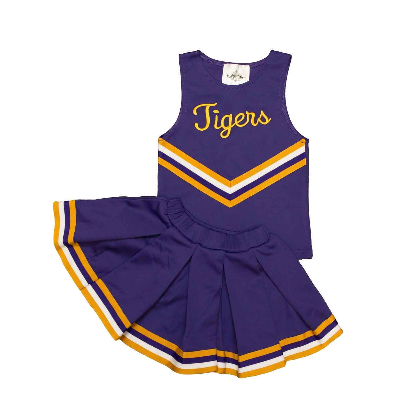 Purple and gold Tigers Cheer Costume with sleeveless top and pleated skirt for team spirit and active movement