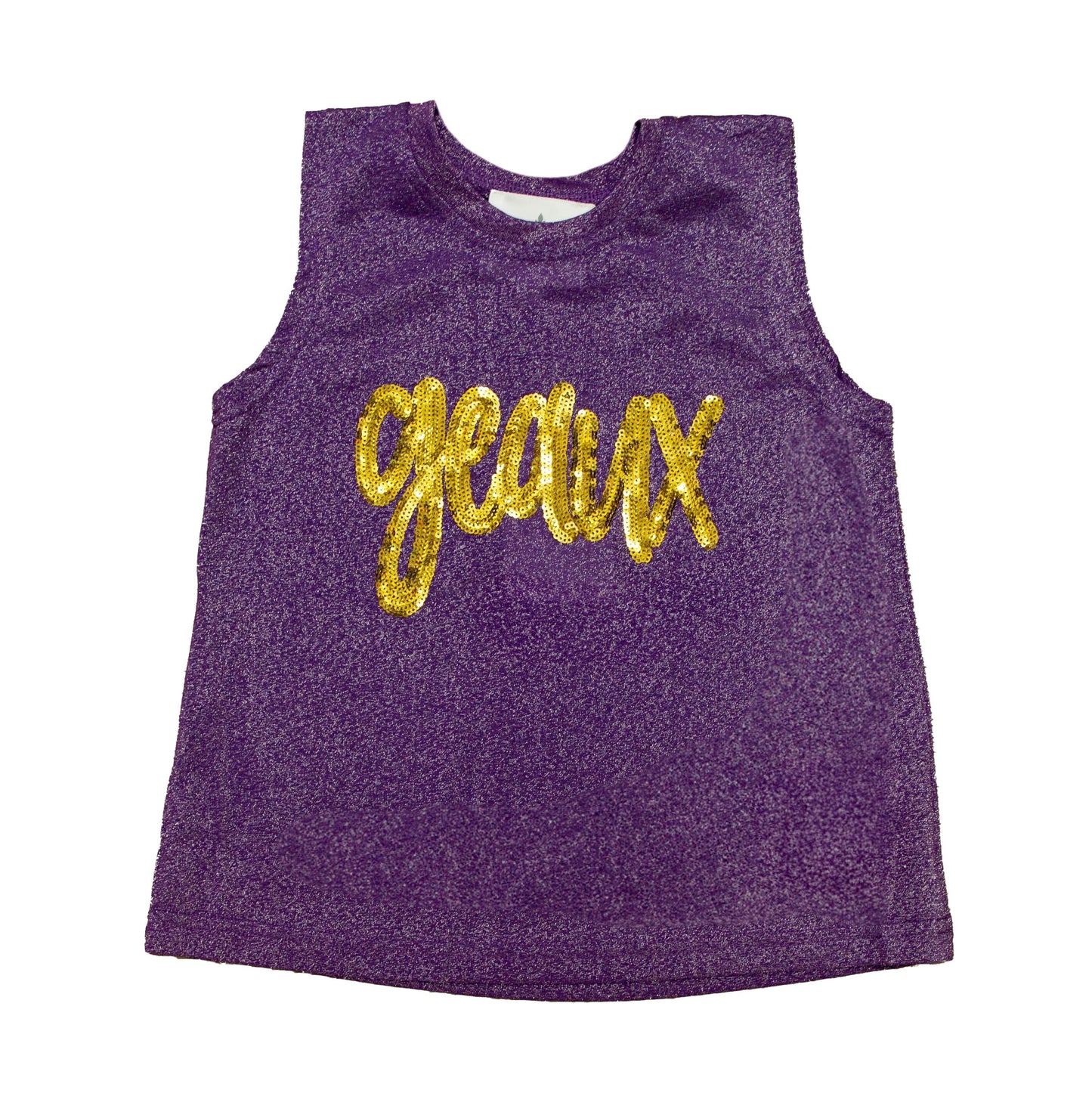 Geaux Purple Glitter Kid Tank with gold glitter text on purple fabric for kids game day