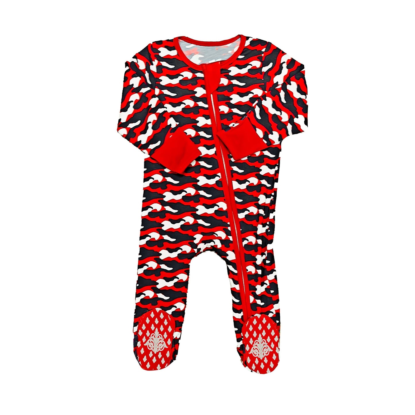 Red and Black Camo romper with zipper and footed design for infants